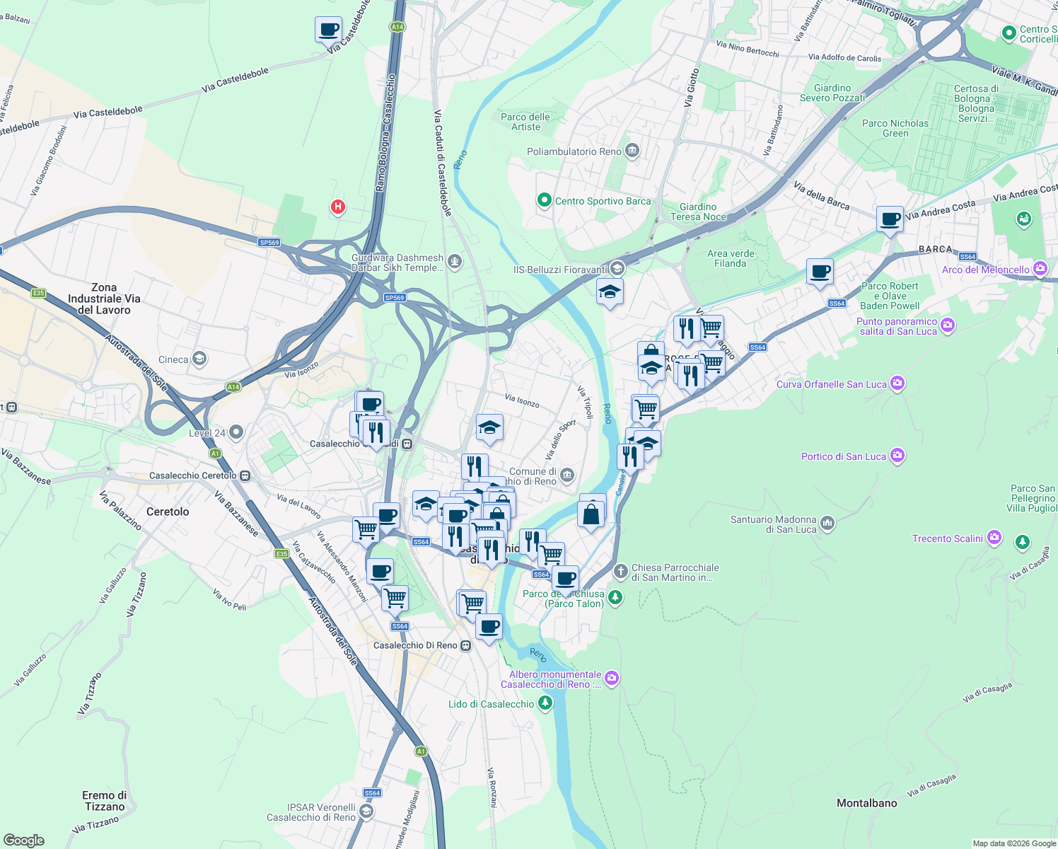 map of restaurants, bars, coffee shops, grocery stores, and more near 5 Via Giovanni XXIII in Casalecchio di Reno