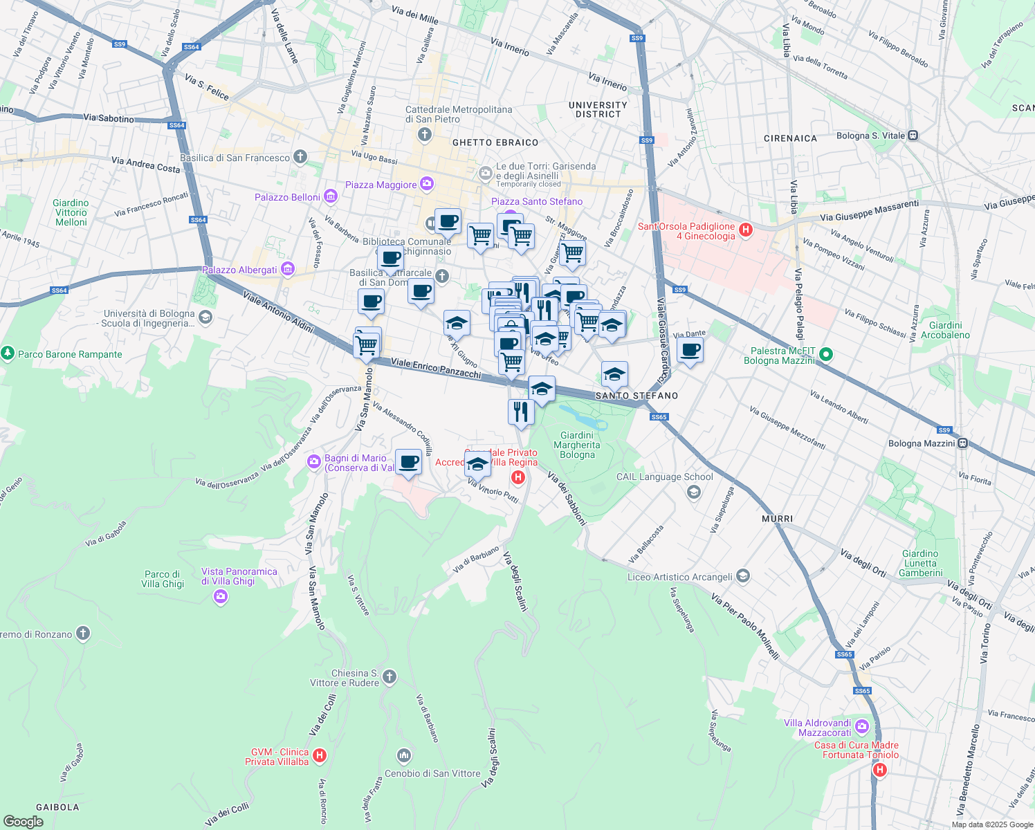 map of restaurants, bars, coffee shops, grocery stores, and more near 132 Via Castiglione in Bologna