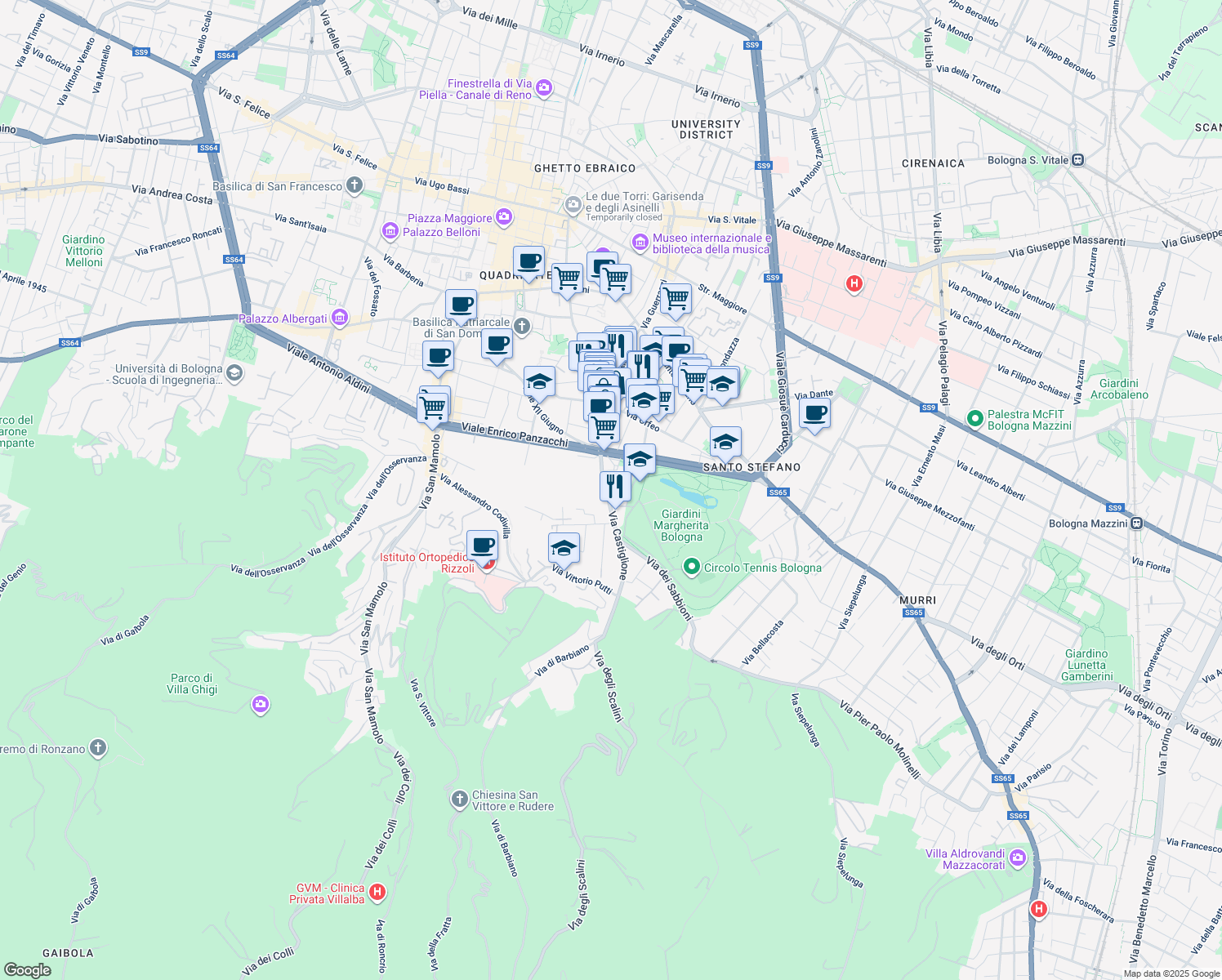 map of restaurants, bars, coffee shops, grocery stores, and more near 132 Via Castiglione in Bologna