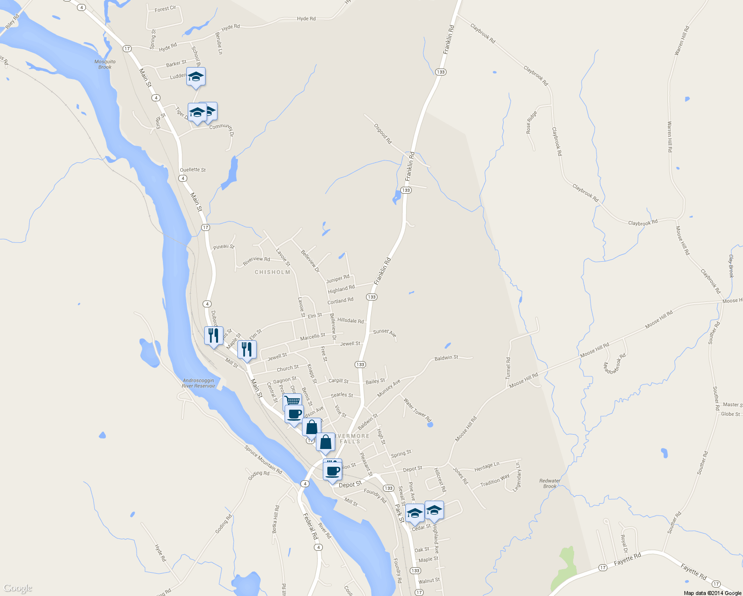 map of restaurants, bars, coffee shops, grocery stores, and more near 56 Franklin Road in Jay