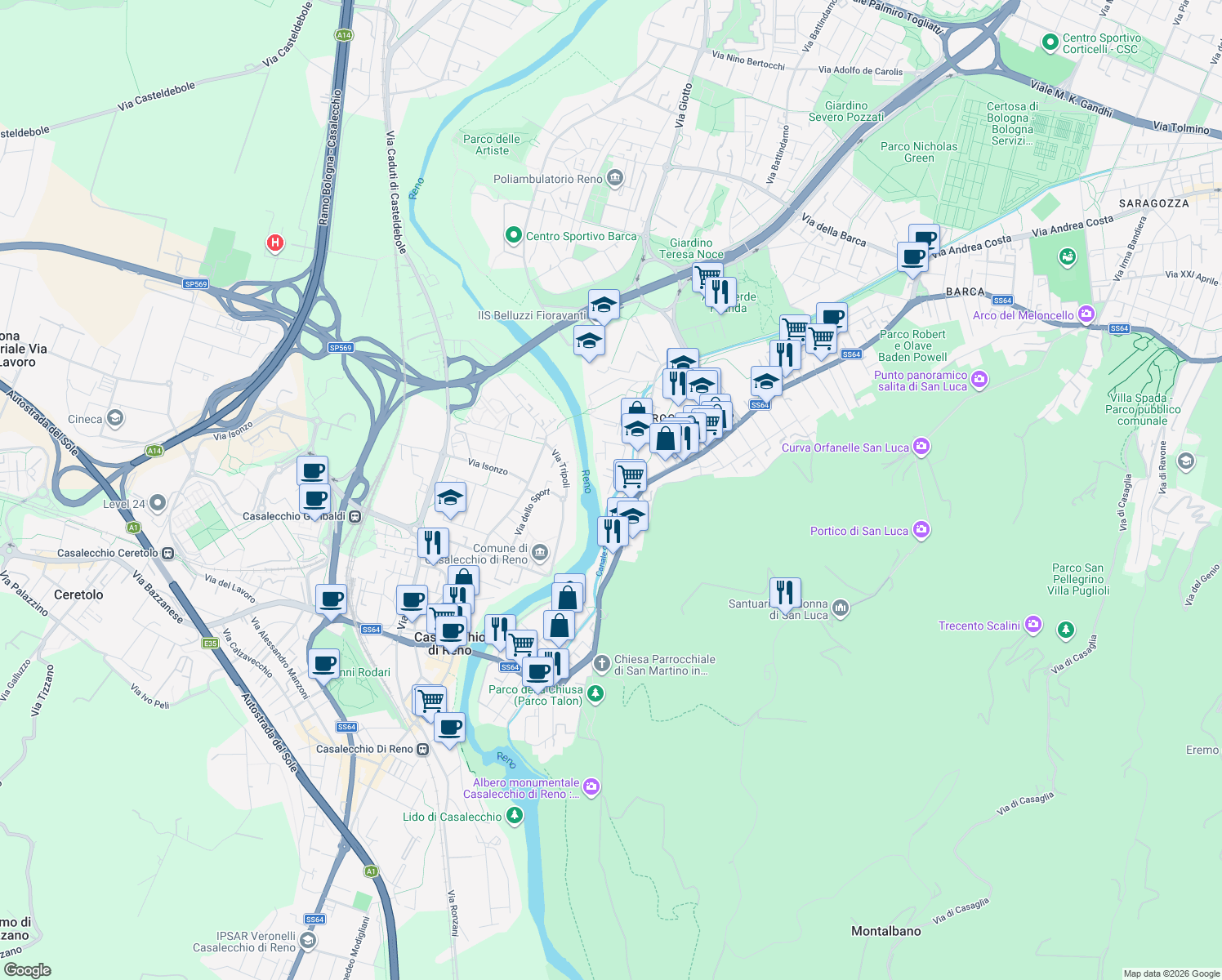 map of restaurants, bars, coffee shops, grocery stores, and more near 111 Via della Bastia in Casalecchio di Reno