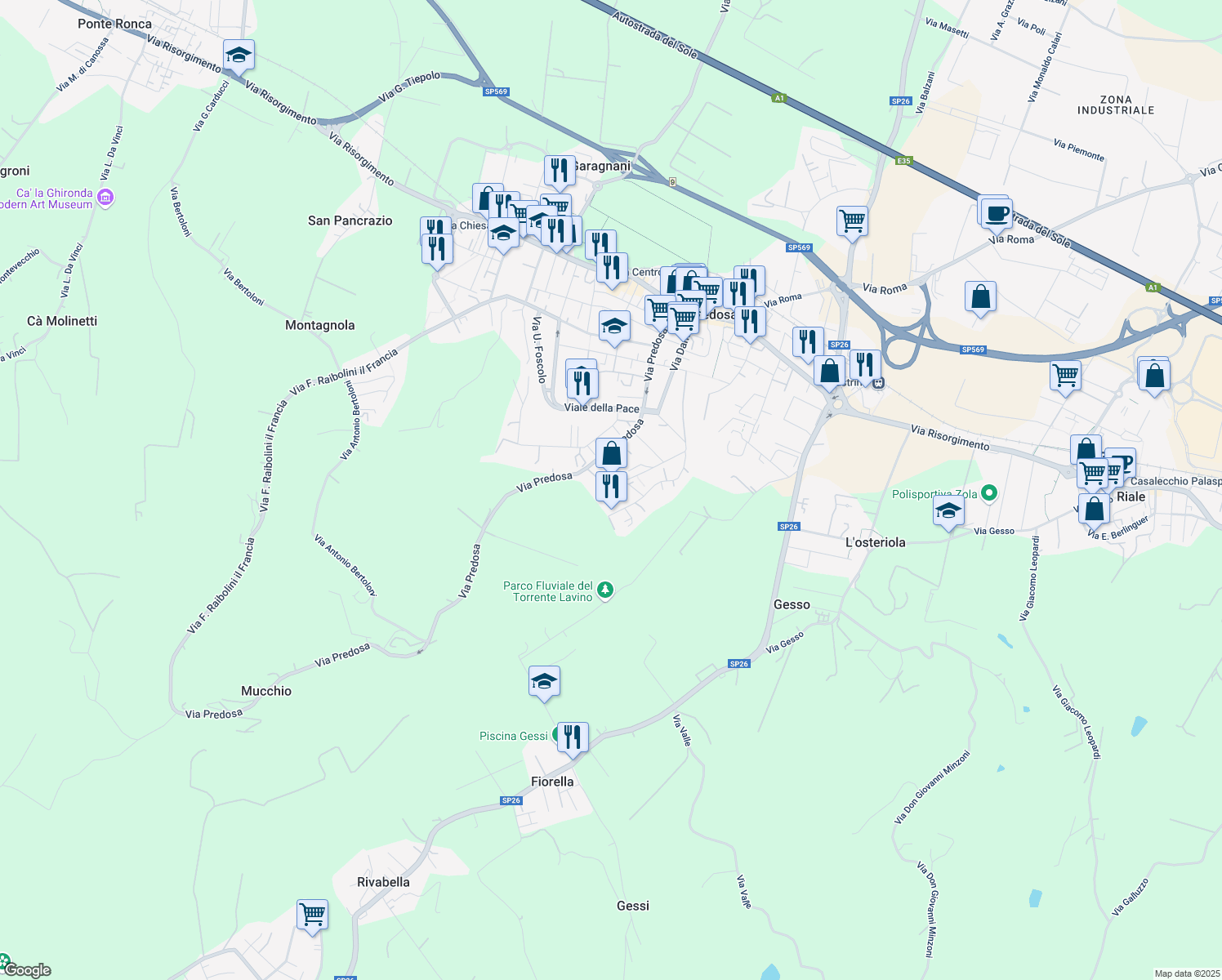 map of restaurants, bars, coffee shops, grocery stores, and more near 16 Via Serena in Zola Predosa