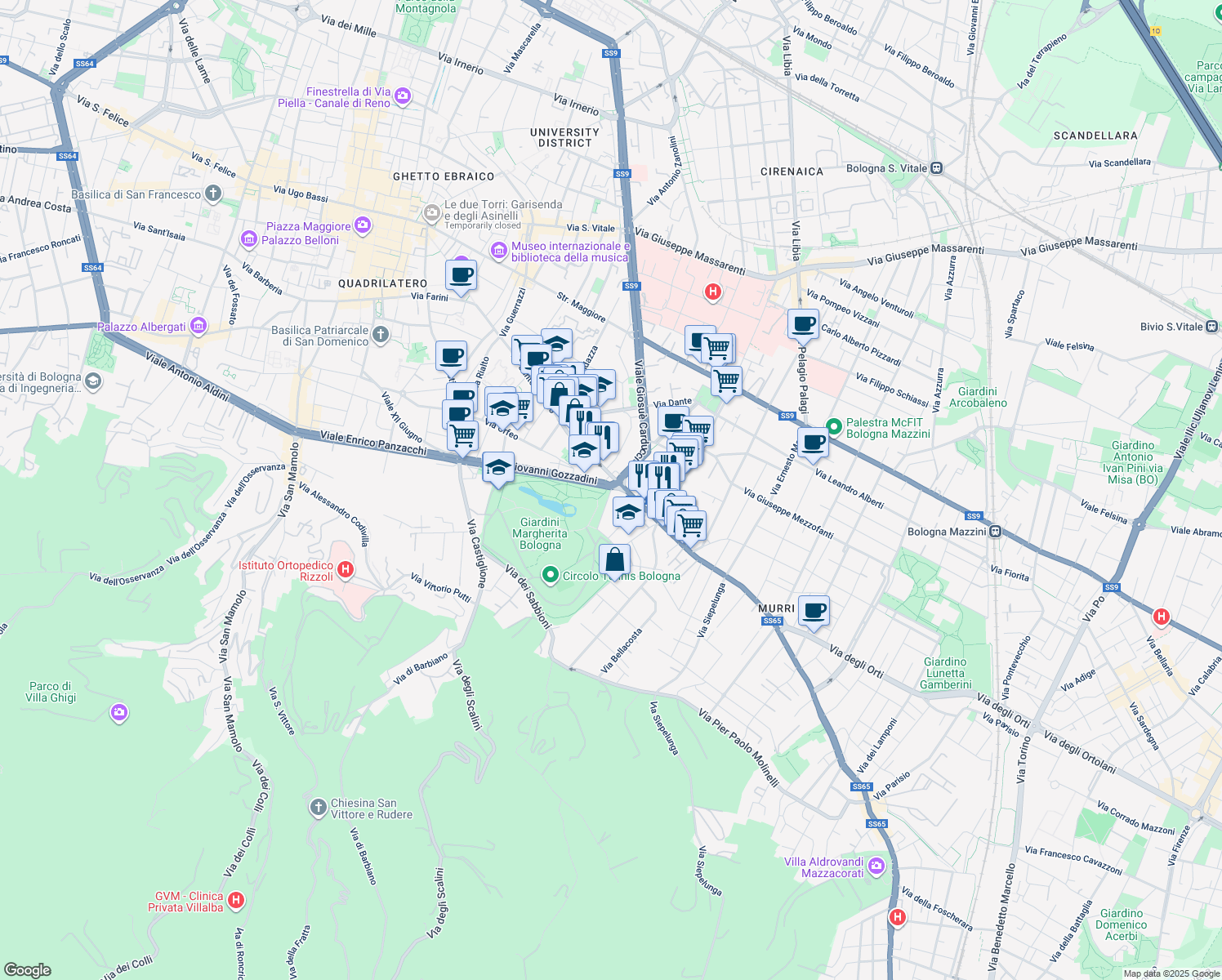 map of restaurants, bars, coffee shops, grocery stores, and more near 4 Via Santa Chiara in Bologna