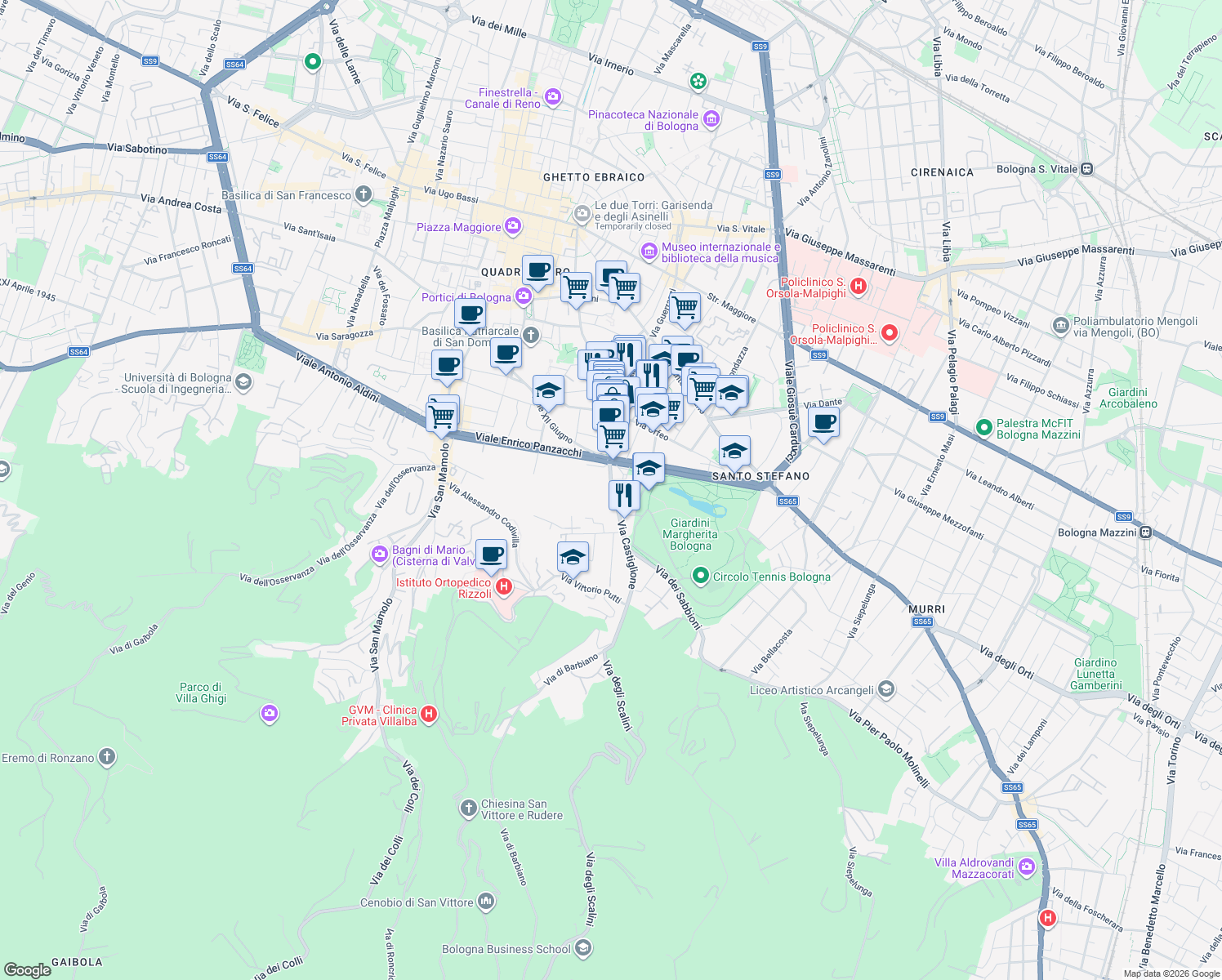 map of restaurants, bars, coffee shops, grocery stores, and more near 132 Via Castiglione in Bologna