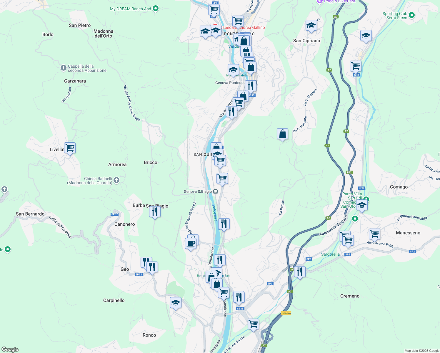 map of restaurants, bars, coffee shops, grocery stores, and more near 127 Via San Quirico in Genoa