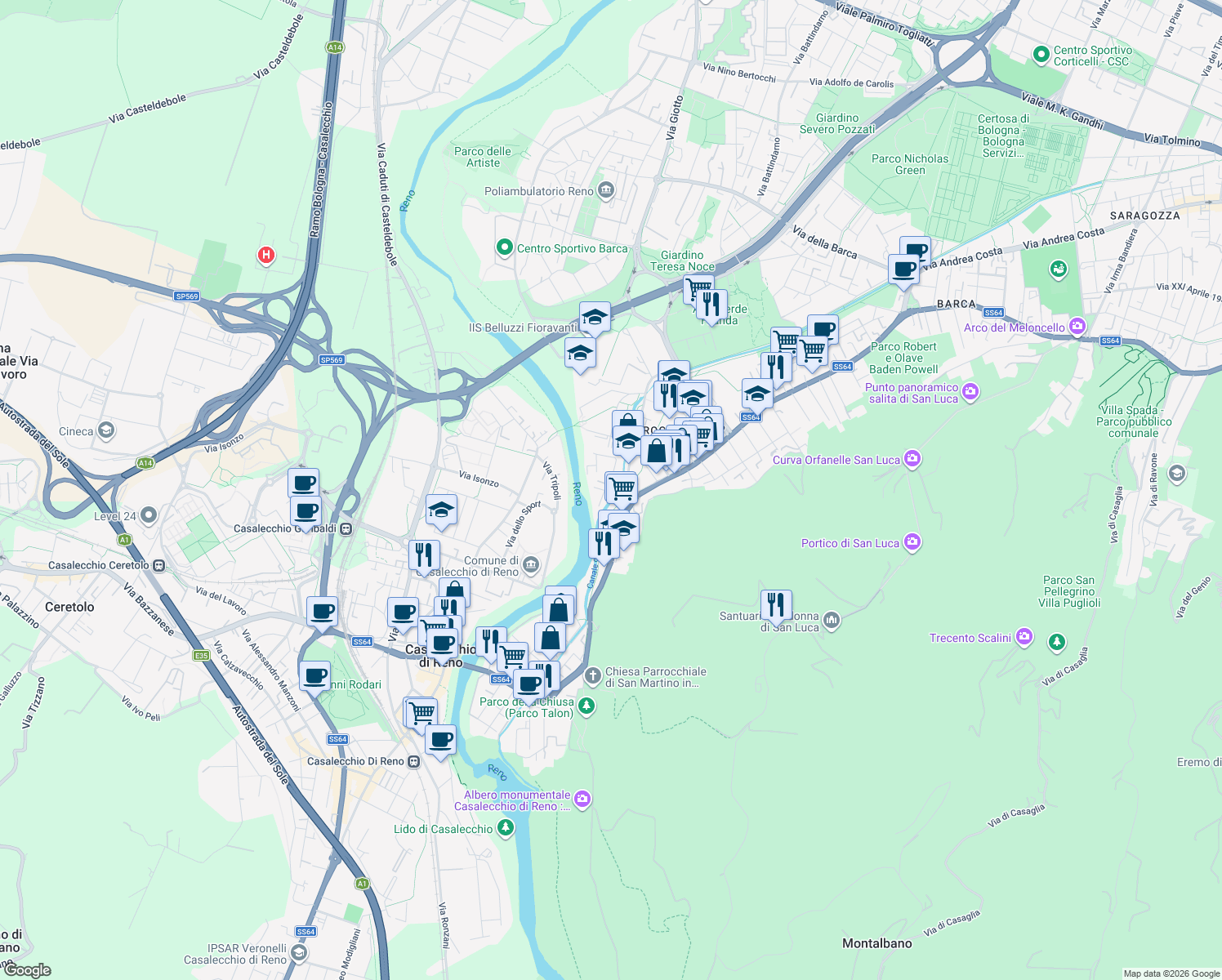 map of restaurants, bars, coffee shops, grocery stores, and more near 111 Via della Bastia in Casalecchio di Reno