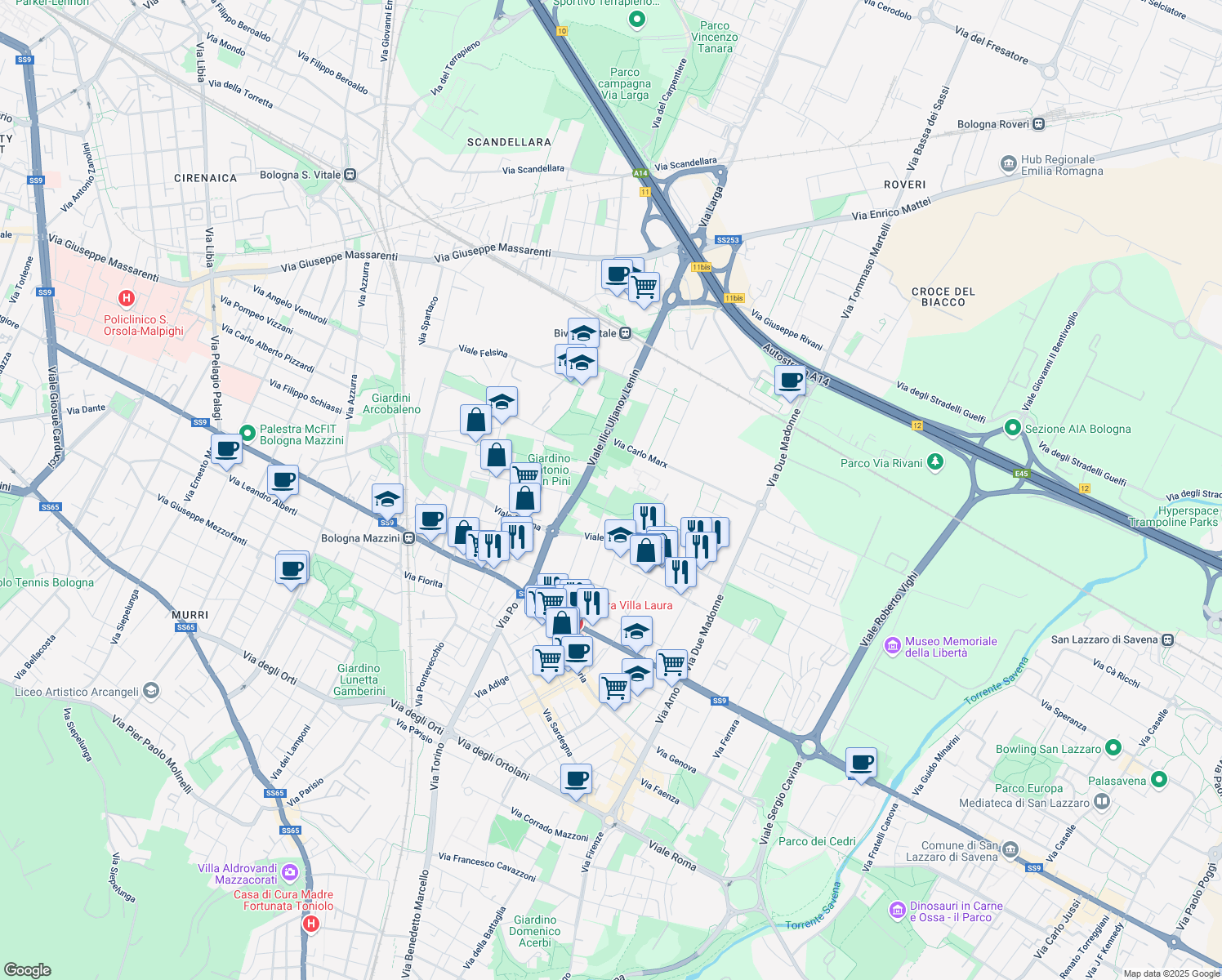 map of restaurants, bars, coffee shops, grocery stores, and more near 14 Via Salvador Allende in Bologna