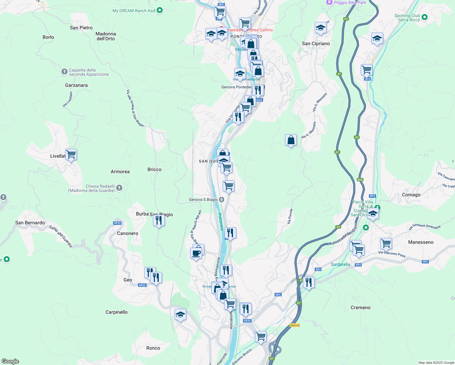 map of restaurants, bars, coffee shops, grocery stores, and more near 127 Via San Quirico in Genova