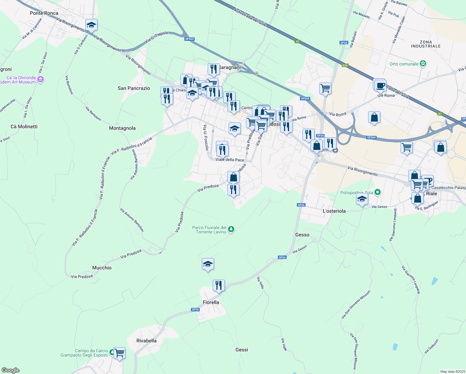 map of restaurants, bars, coffee shops, grocery stores, and more near 16 Via Serena in Zola Predosa