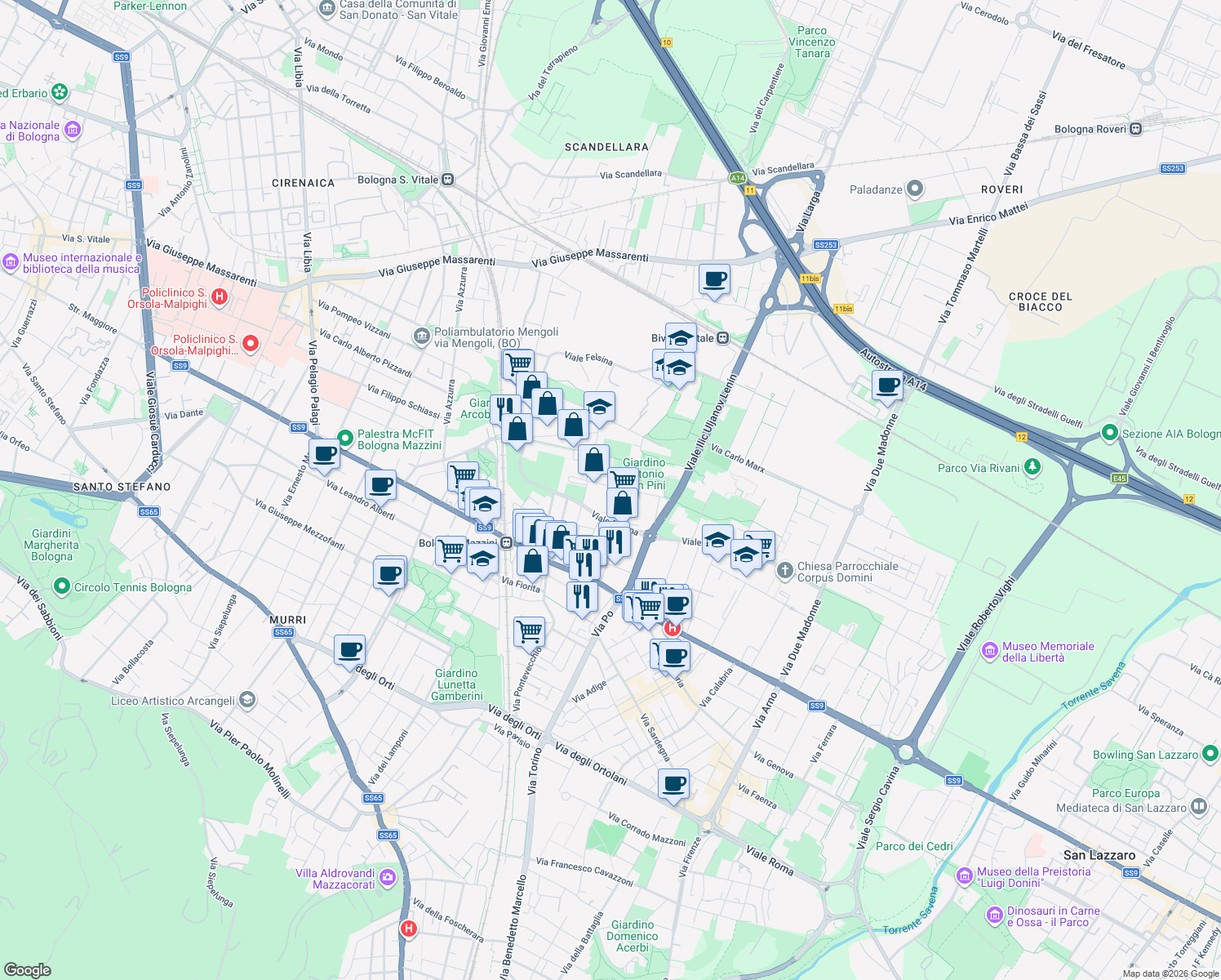 map of restaurants, bars, coffee shops, grocery stores, and more near Stradello in Bologna
