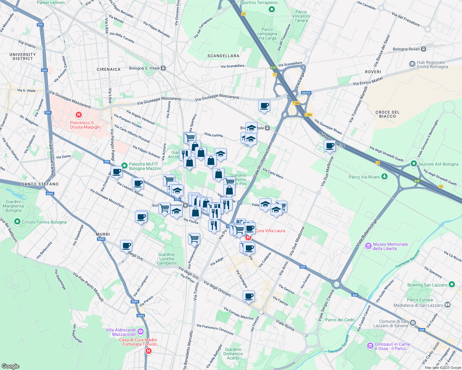 map of restaurants, bars, coffee shops, grocery stores, and more near Stradello in Bologna