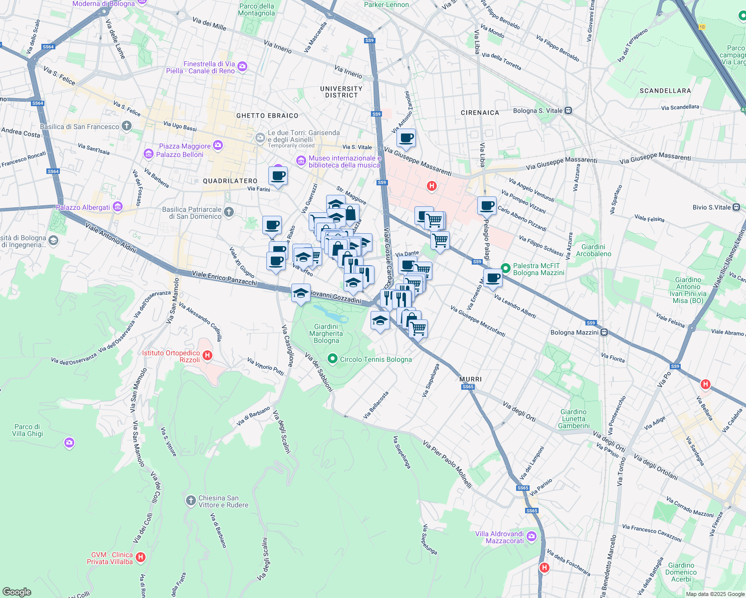 map of restaurants, bars, coffee shops, grocery stores, and more near 2-12 Via San Giuliano in Bologna