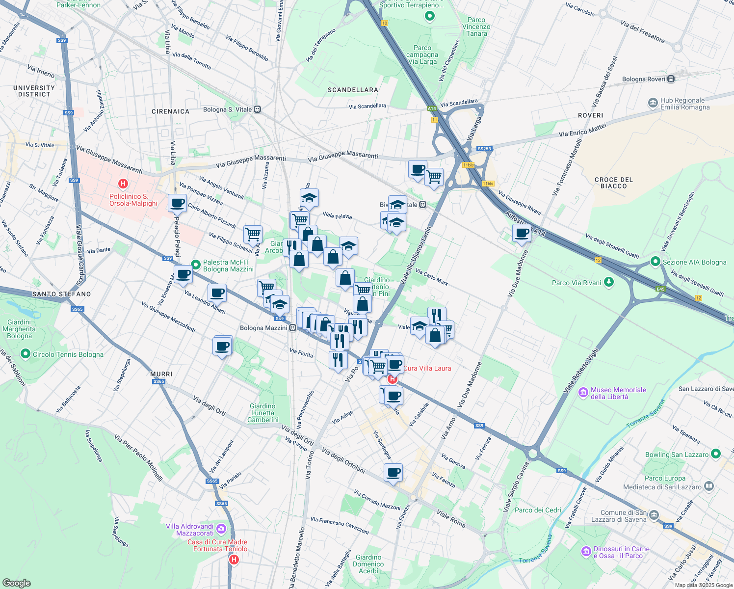 map of restaurants, bars, coffee shops, grocery stores, and more near Stradello in Bologna