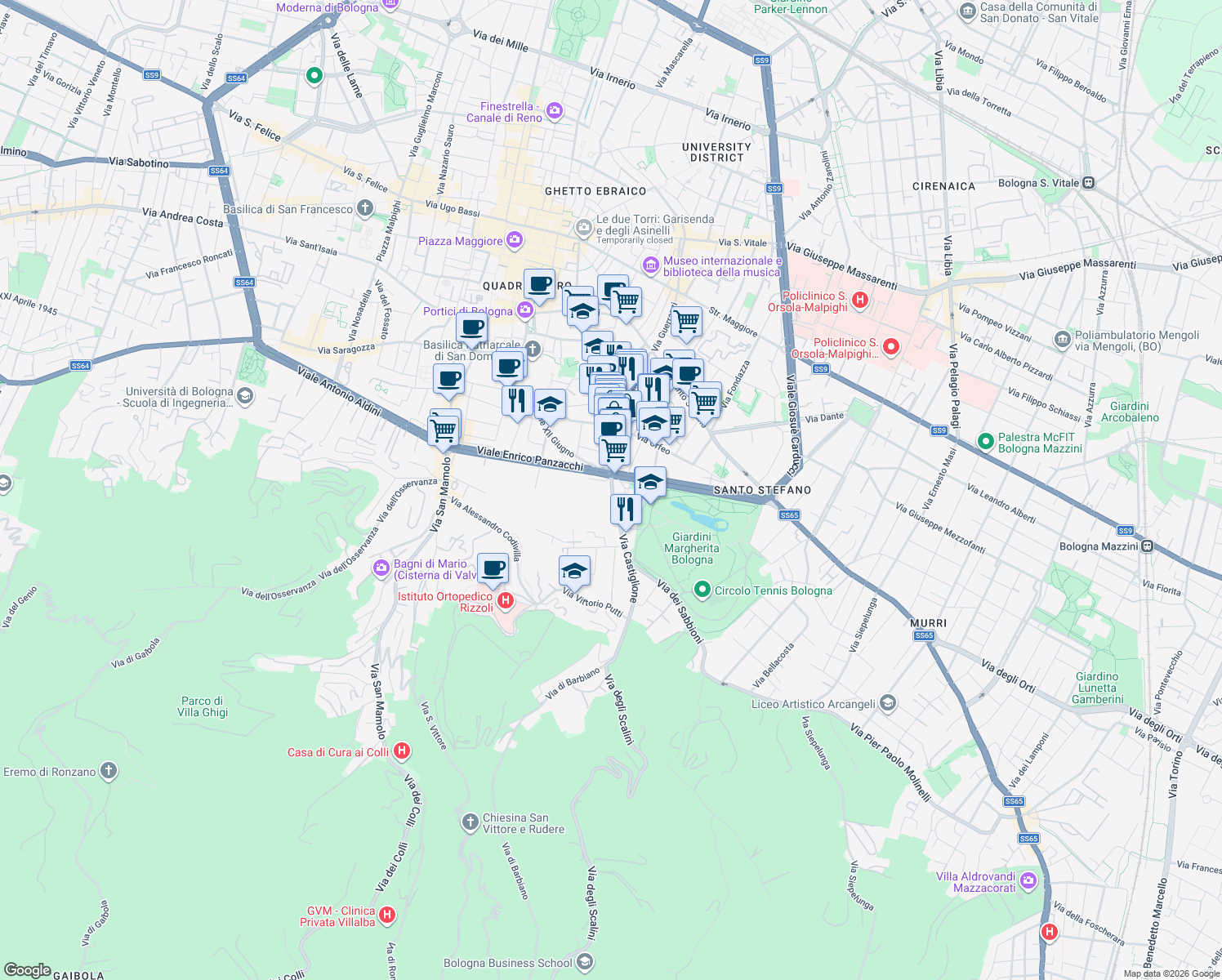 map of restaurants, bars, coffee shops, grocery stores, and more near 1 Viale Enrico Panzacchi in Bologna
