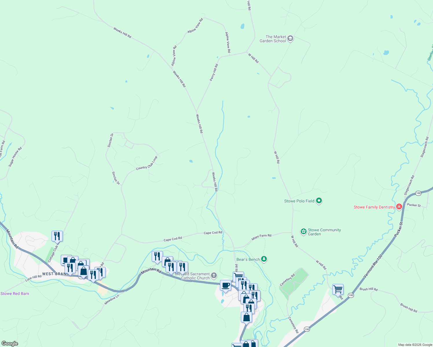 map of restaurants, bars, coffee shops, grocery stores, and more near 846 Weeks Hill Road in Stowe