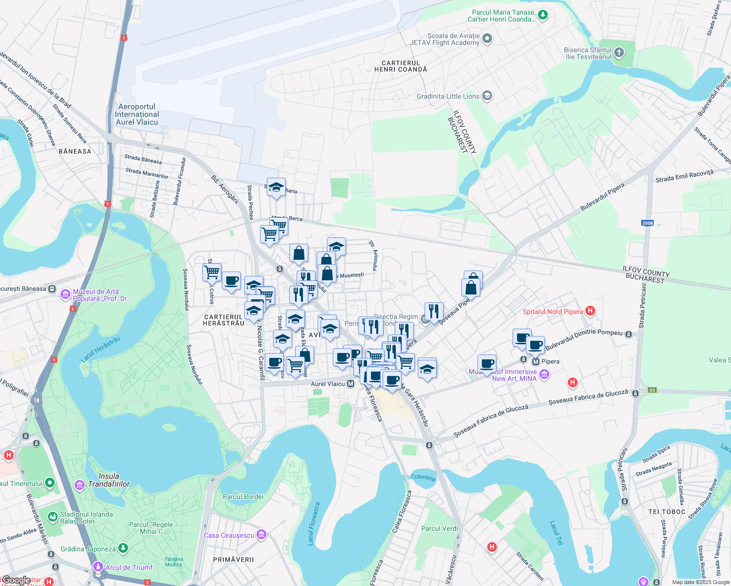 map of restaurants, bars, coffee shops, grocery stores, and more near 52 Strada Avionului in București