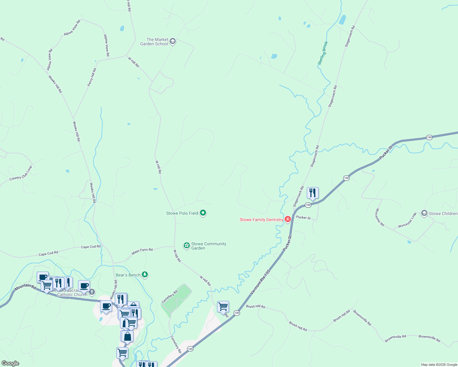 map of restaurants, bars, coffee shops, grocery stores, and more near 961 Little River Farm Road in Stowe