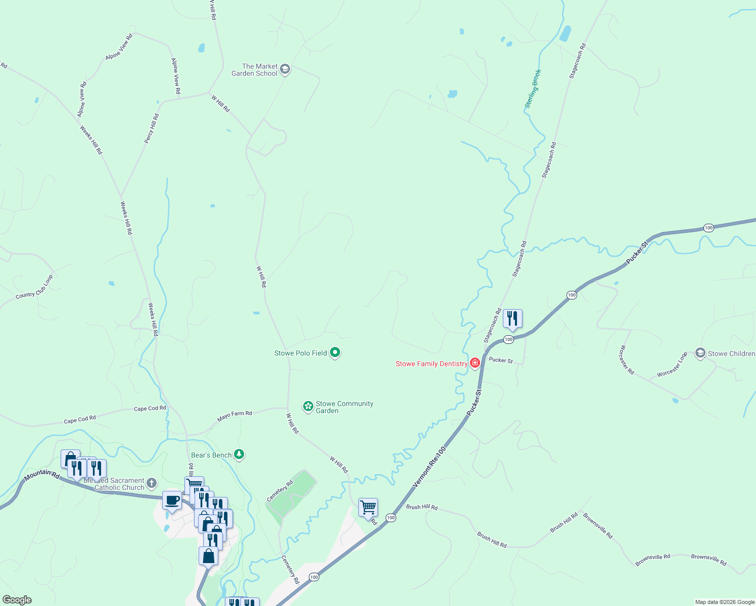 map of restaurants, bars, coffee shops, grocery stores, and more near 961 Little River Farm Road in Stowe