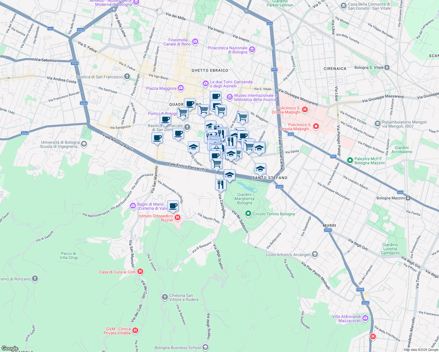 map of restaurants, bars, coffee shops, grocery stores, and more near 2-18 Via degli Angeli in Bologna