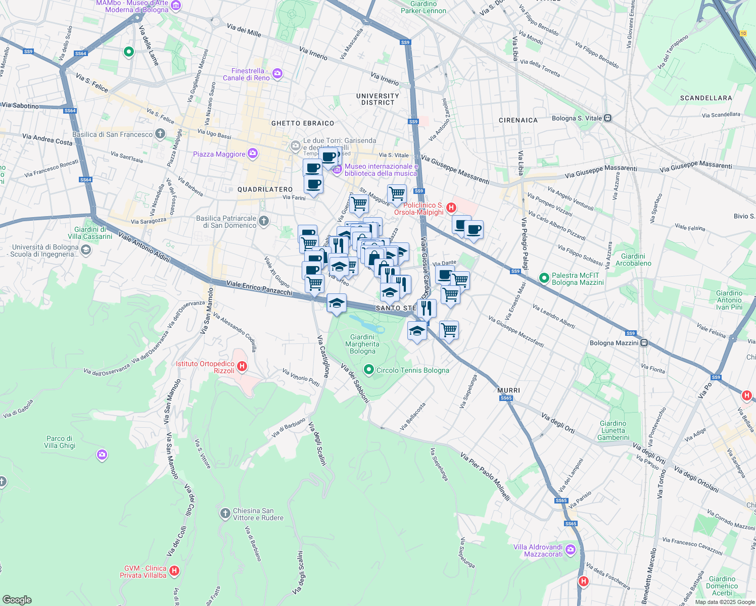 map of restaurants, bars, coffee shops, grocery stores, and more near 6 Piazza del Baraccano in Bologna