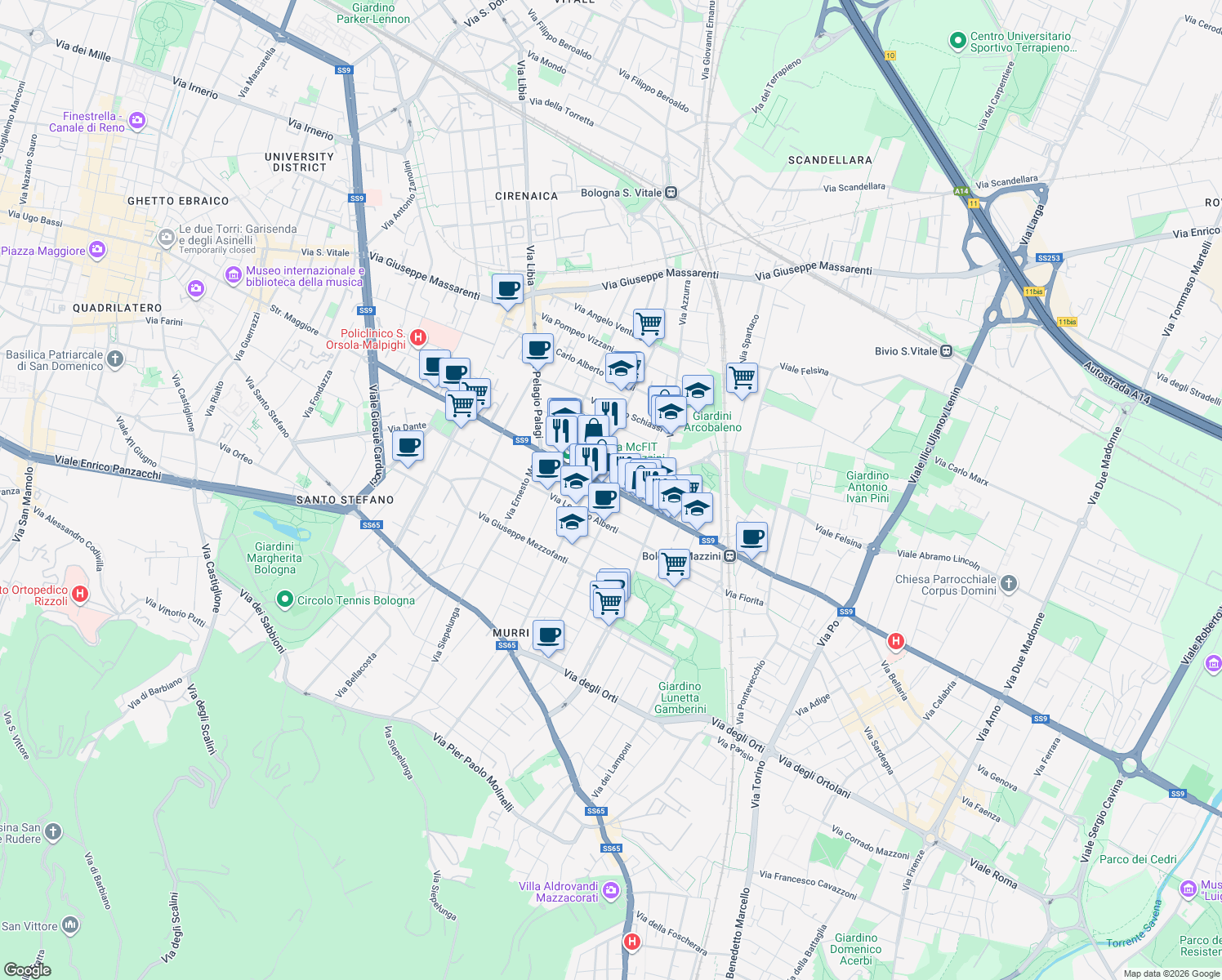 map of restaurants, bars, coffee shops, grocery stores, and more near 83 Via Mazzini in Bologna