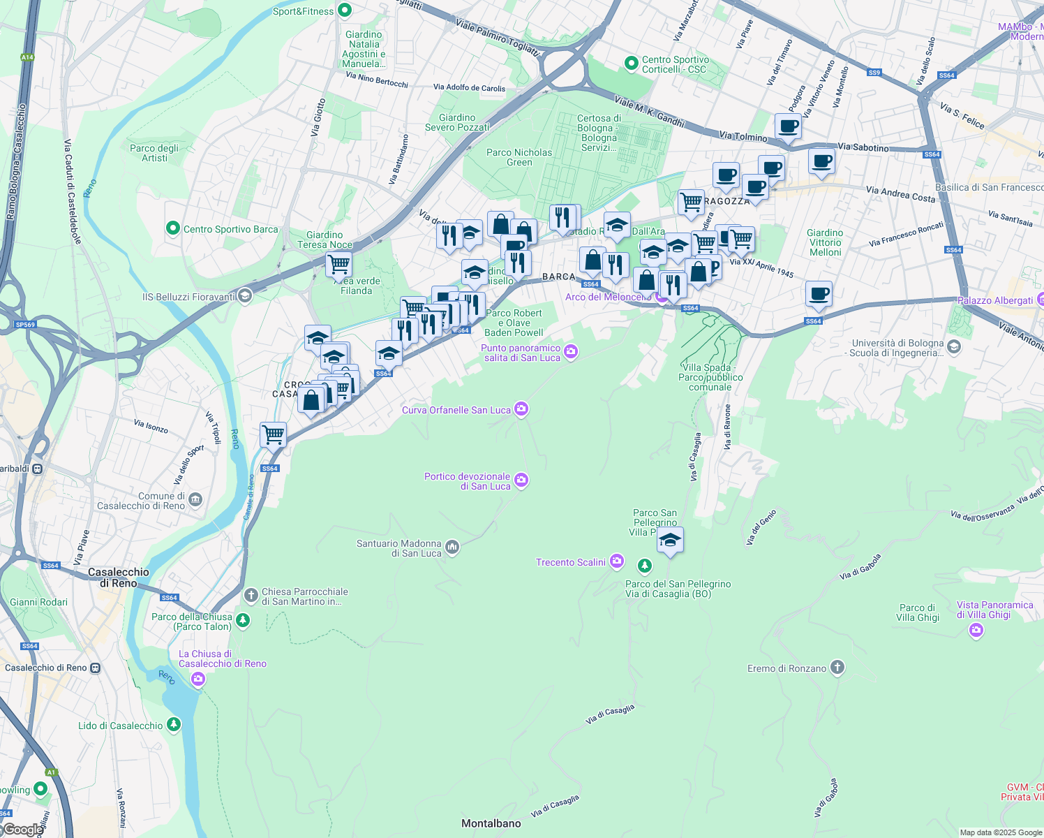 map of restaurants, bars, coffee shops, grocery stores, and more near 484 Via di San Luca in Bologna