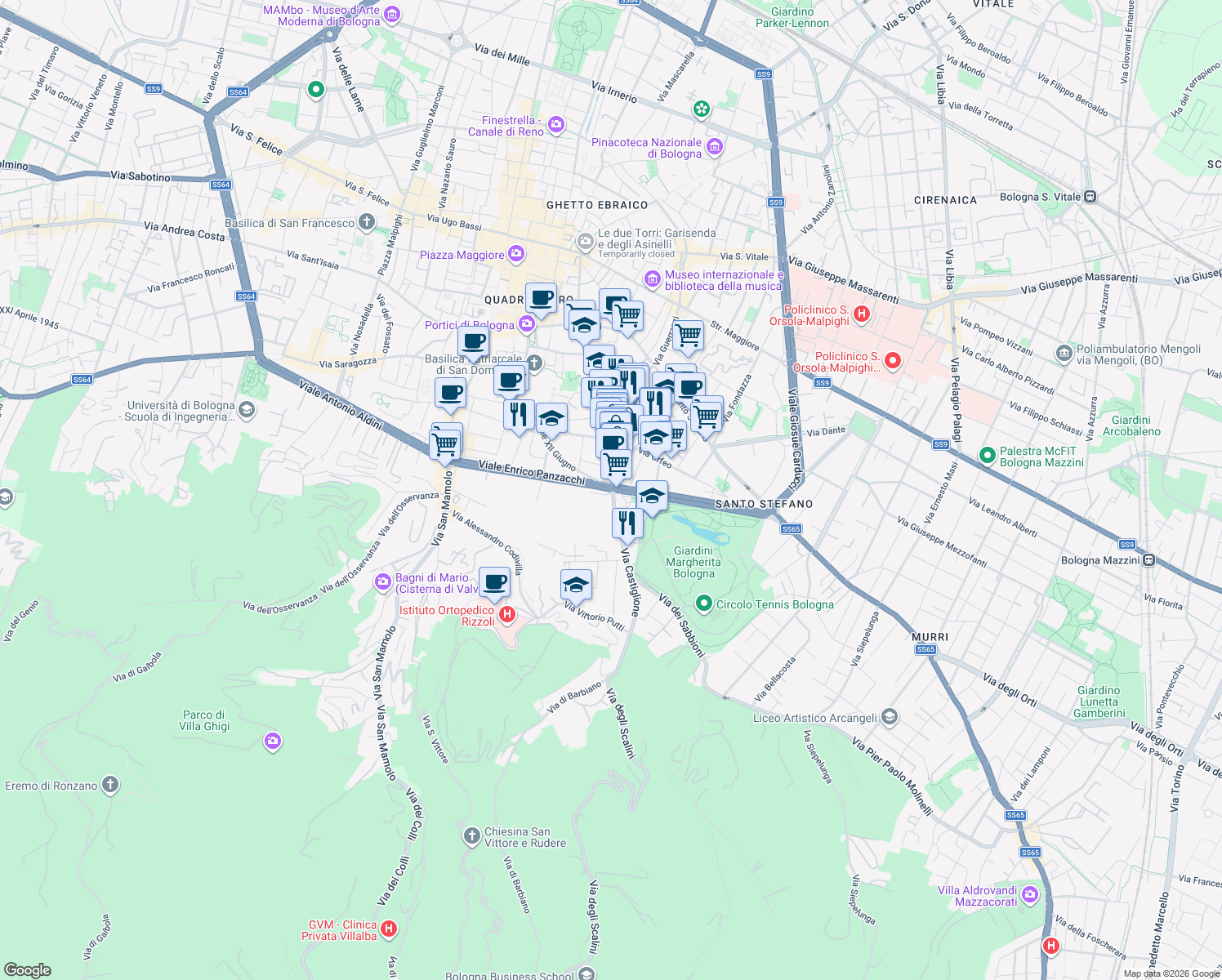 map of restaurants, bars, coffee shops, grocery stores, and more near 1 Viale Enrico Panzacchi in Bologna