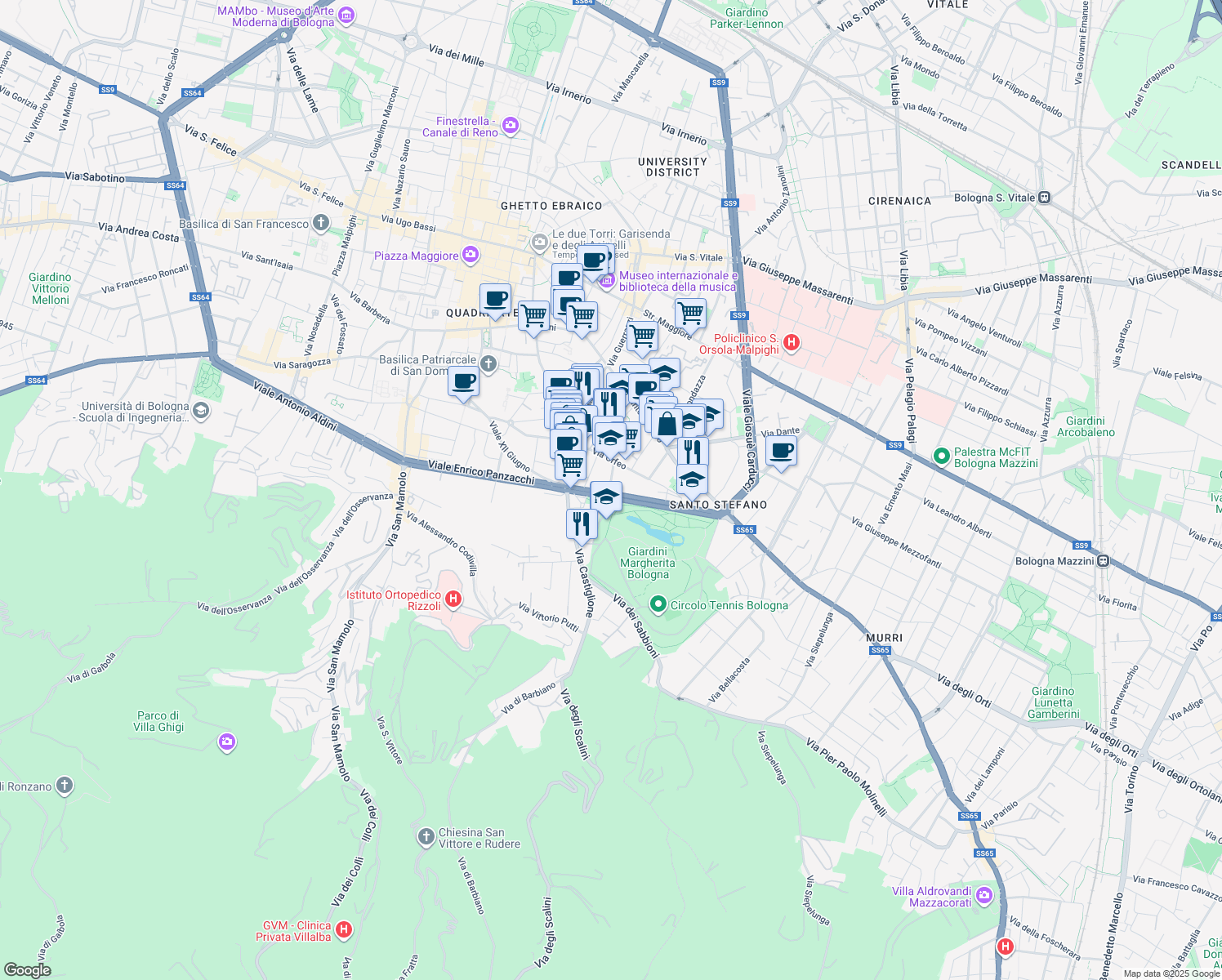 map of restaurants, bars, coffee shops, grocery stores, and more near 12 Via Giovanni Pascoli in Bologna