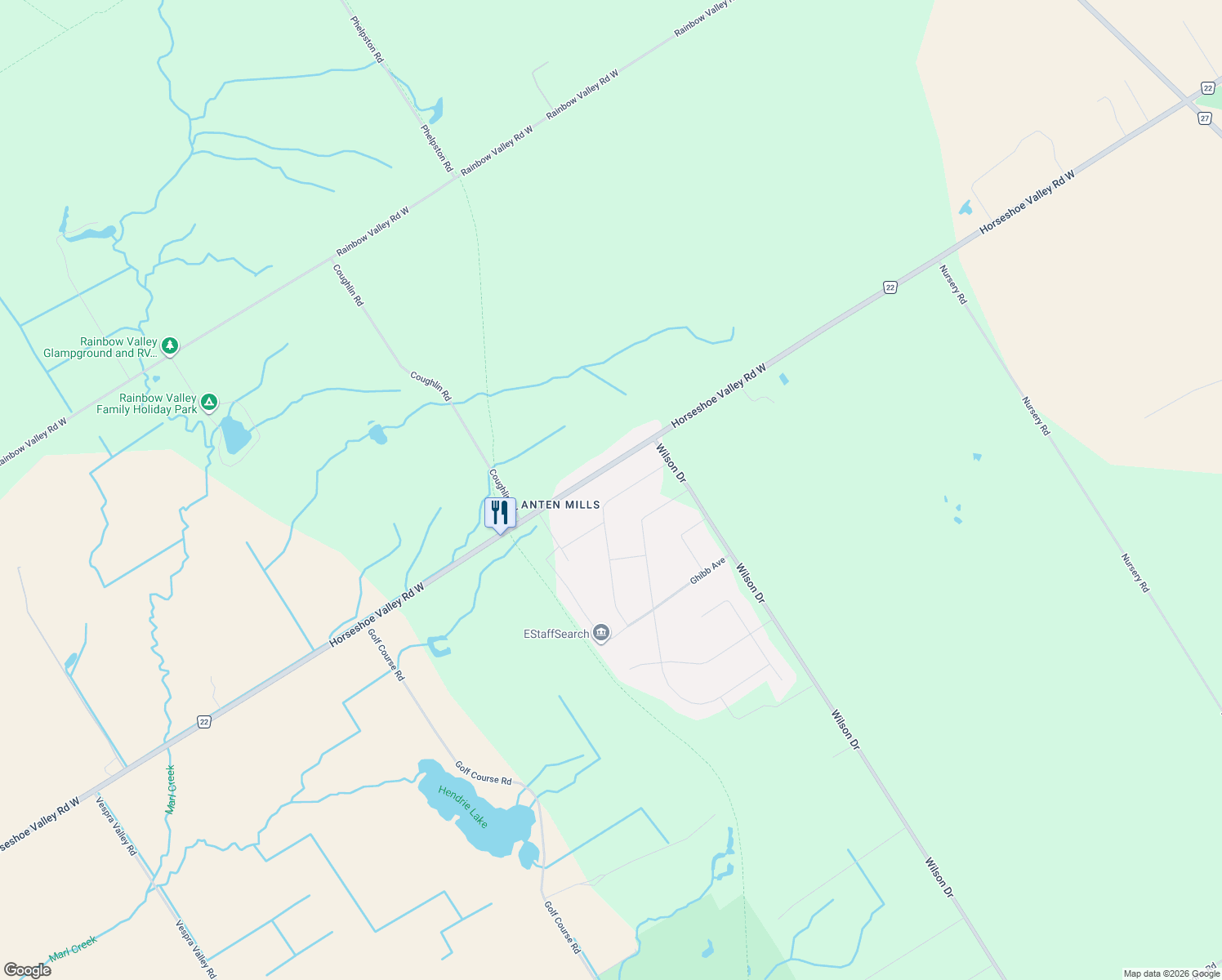 map of restaurants, bars, coffee shops, grocery stores, and more near 18 Lawrence Avenue in Minesing