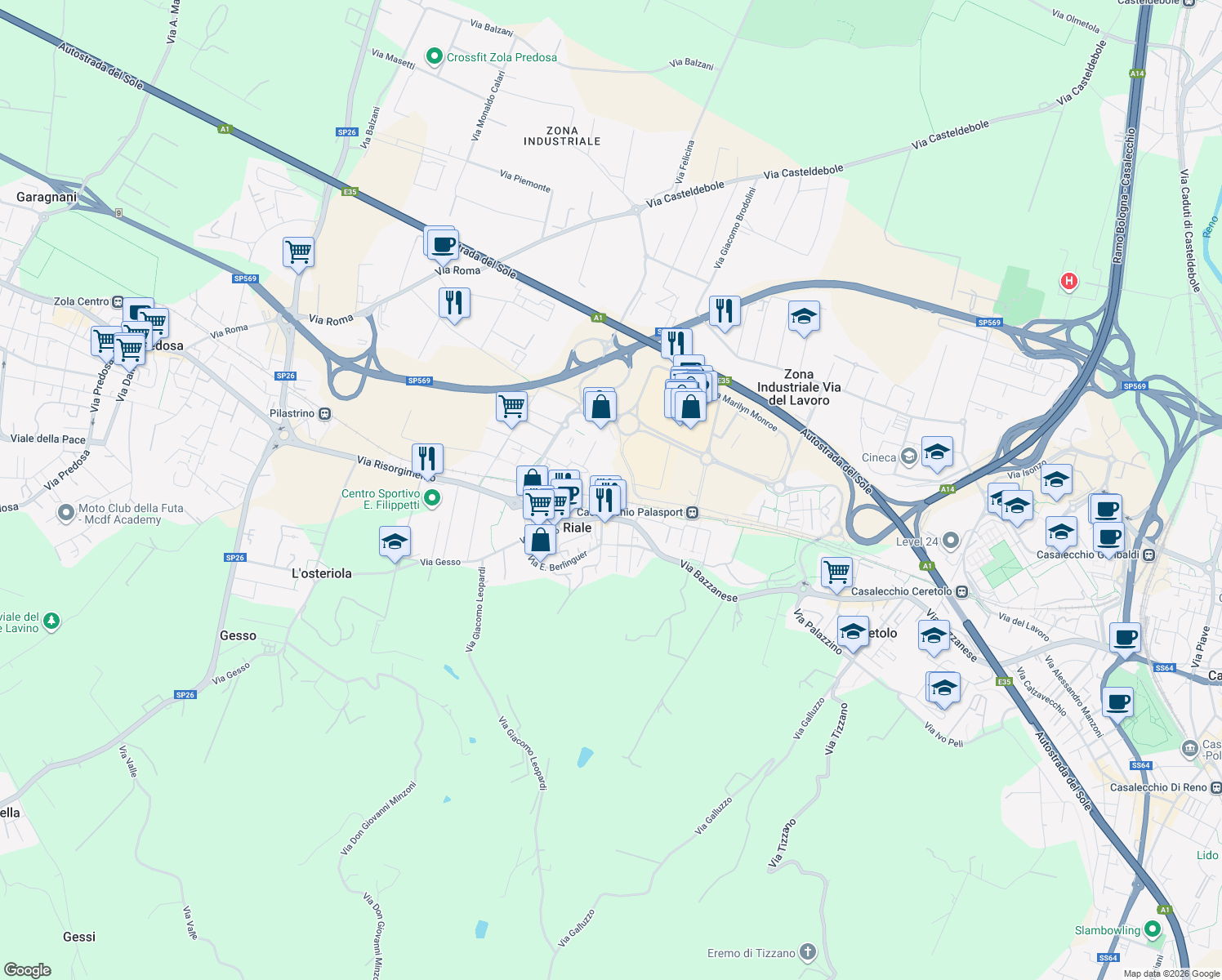 map of restaurants, bars, coffee shops, grocery stores, and more near 6 Piazza Aldo Moro in Zola Predosa