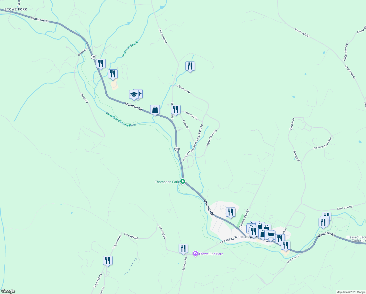 map of restaurants, bars, coffee shops, grocery stores, and more near 89 Houston Farm Rd in Stowe