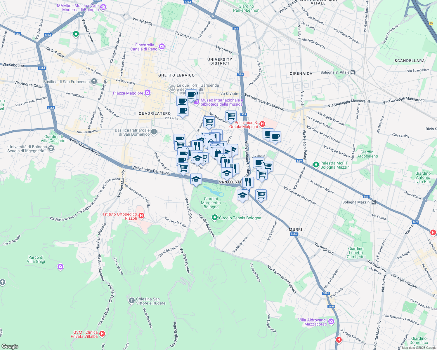 map of restaurants, bars, coffee shops, grocery stores, and more near 6 Piazza del Baraccano in Bologna