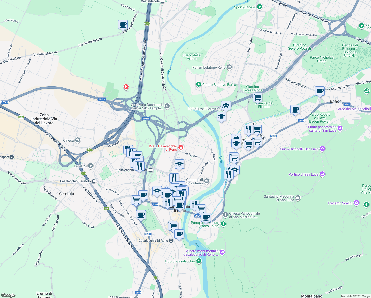 map of restaurants, bars, coffee shops, grocery stores, and more near 8 Via Isonzo in Casalecchio di Reno