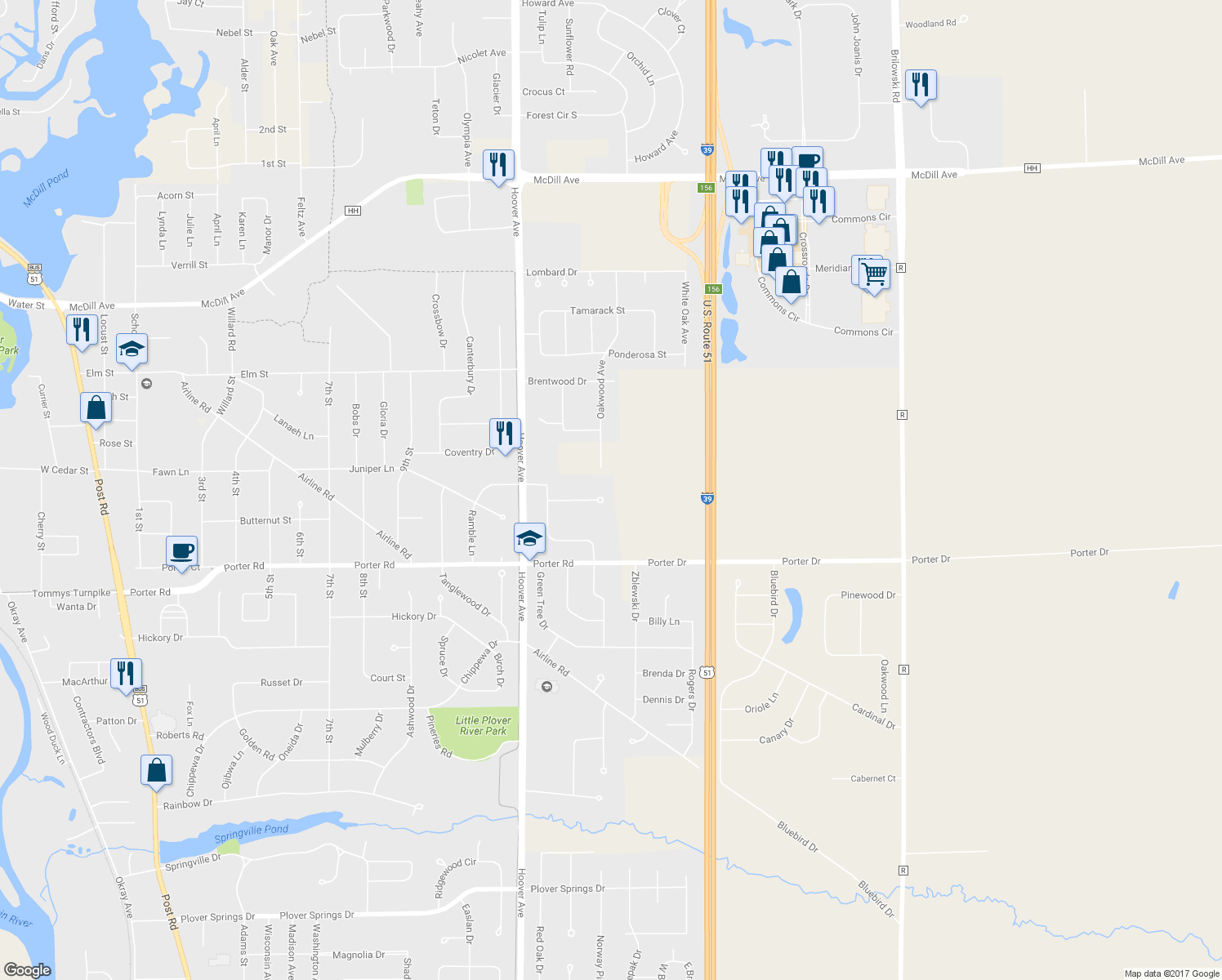 map of restaurants, bars, coffee shops, grocery stores, and more near 1800 Hamilton Court in Plover