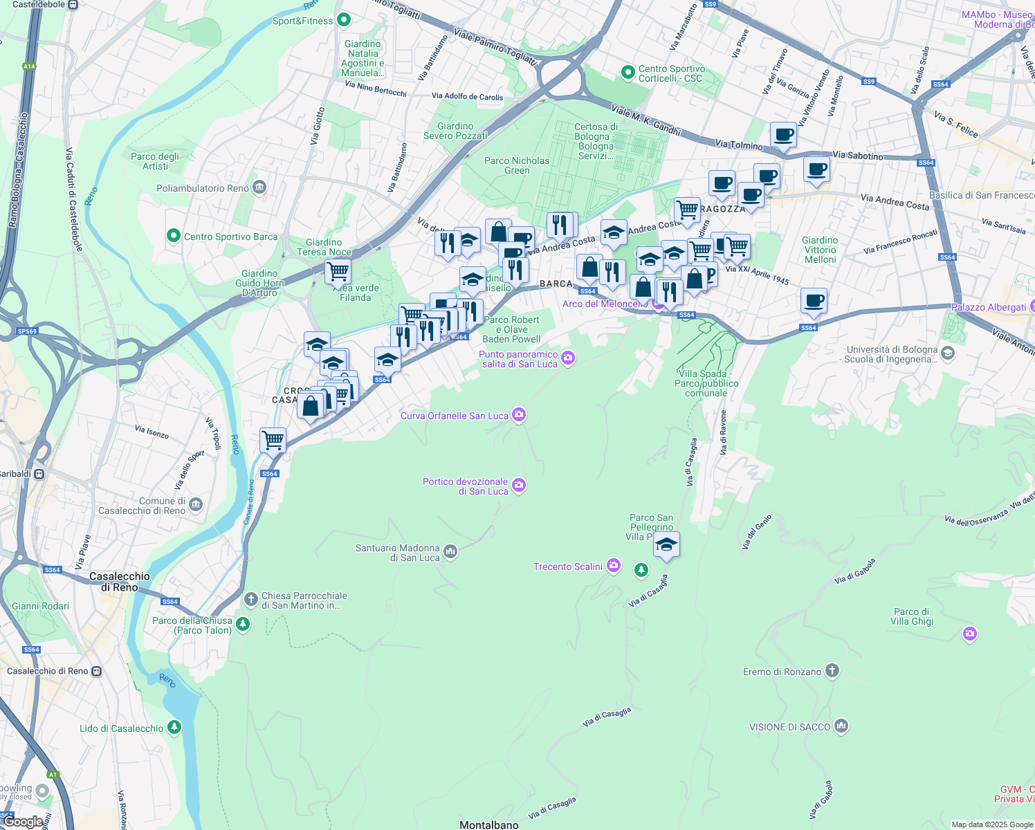 map of restaurants, bars, coffee shops, grocery stores, and more near 484 Via di San Luca in Bologna