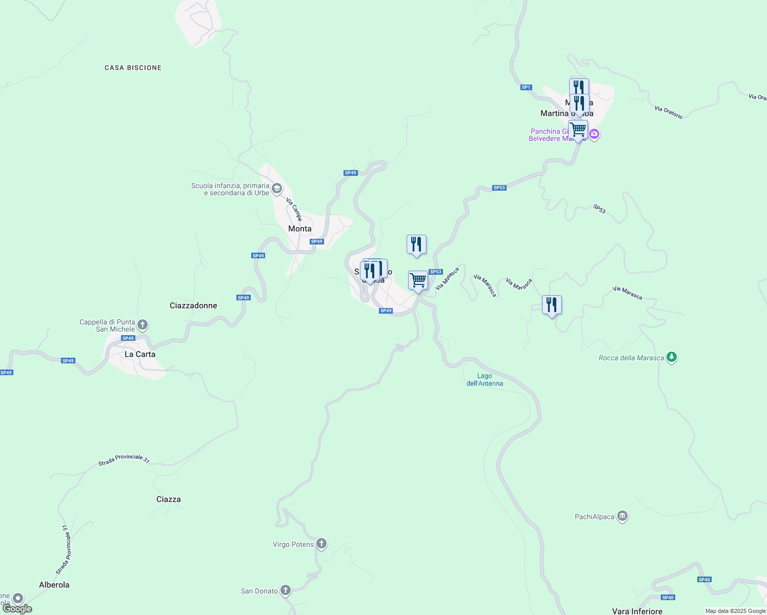 map of restaurants, bars, coffee shops, grocery stores, and more near 13 SP49 in San Pietro D'olba