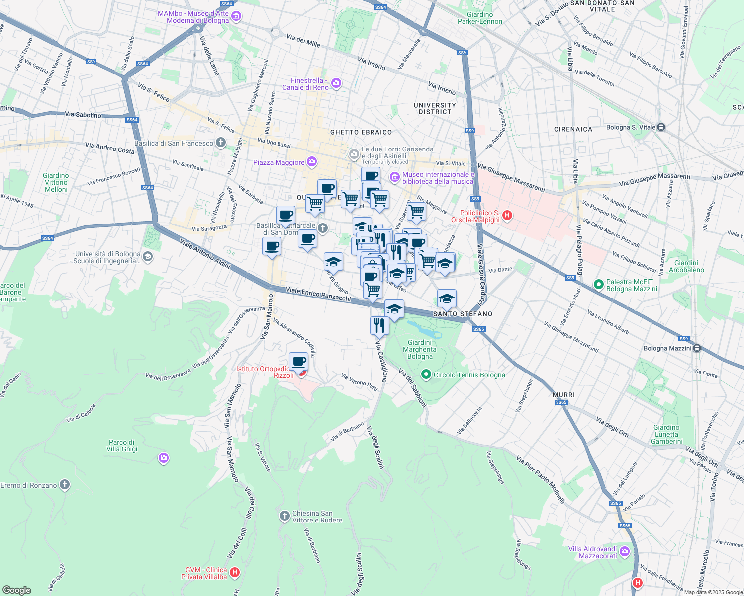 map of restaurants, bars, coffee shops, grocery stores, and more near 2-18 Via degli Angeli in Bologna