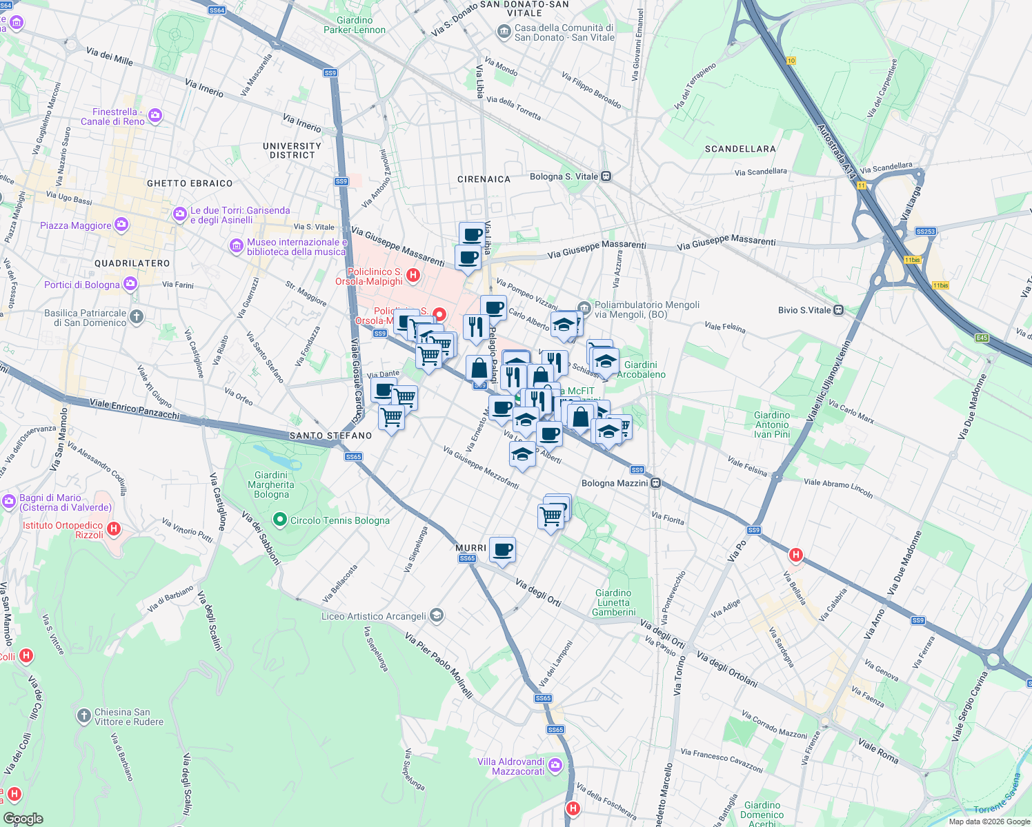 map of restaurants, bars, coffee shops, grocery stores, and more near 4 Via Adolfo Albertazzi in Bologna