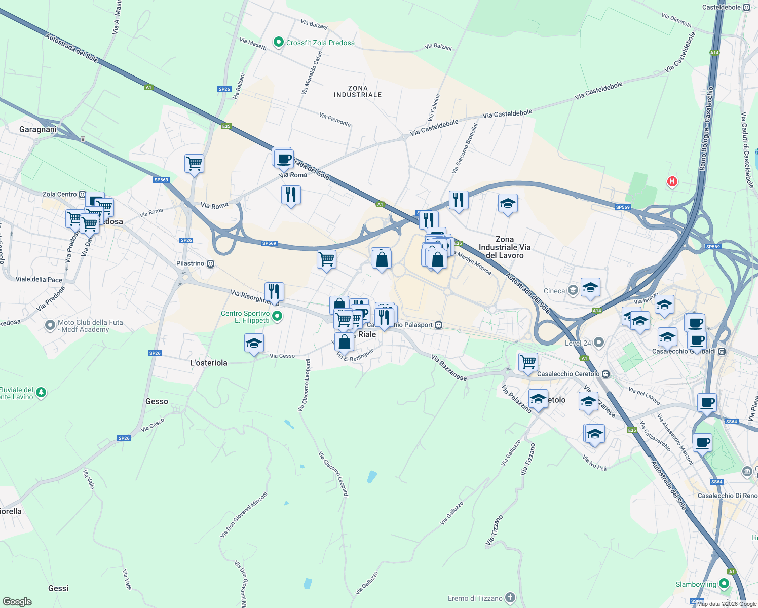 map of restaurants, bars, coffee shops, grocery stores, and more near 6 Piazza Aldo Moro in Zola Predosa