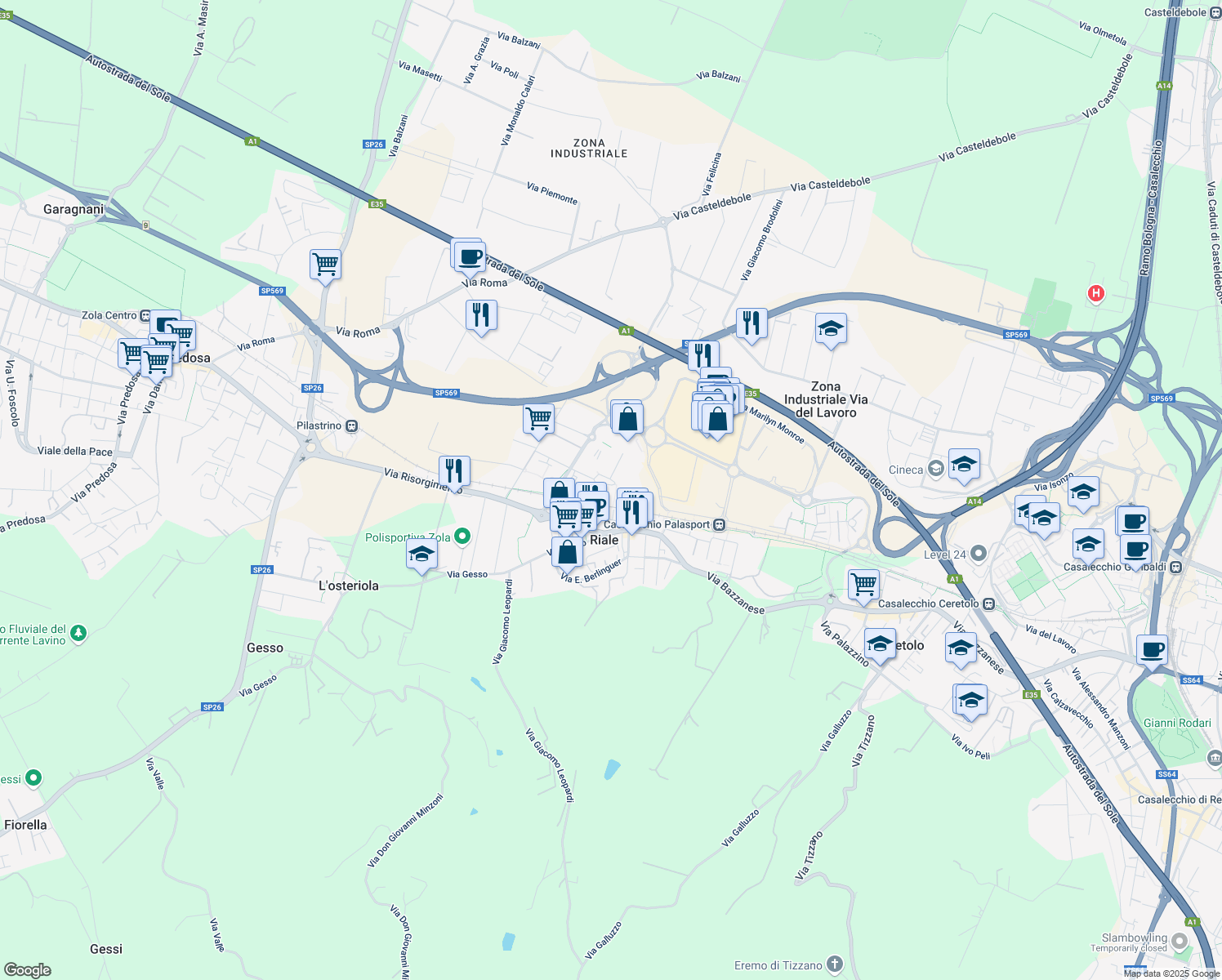 map of restaurants, bars, coffee shops, grocery stores, and more near 13 Piazza Aldo Moro in Zola Predosa