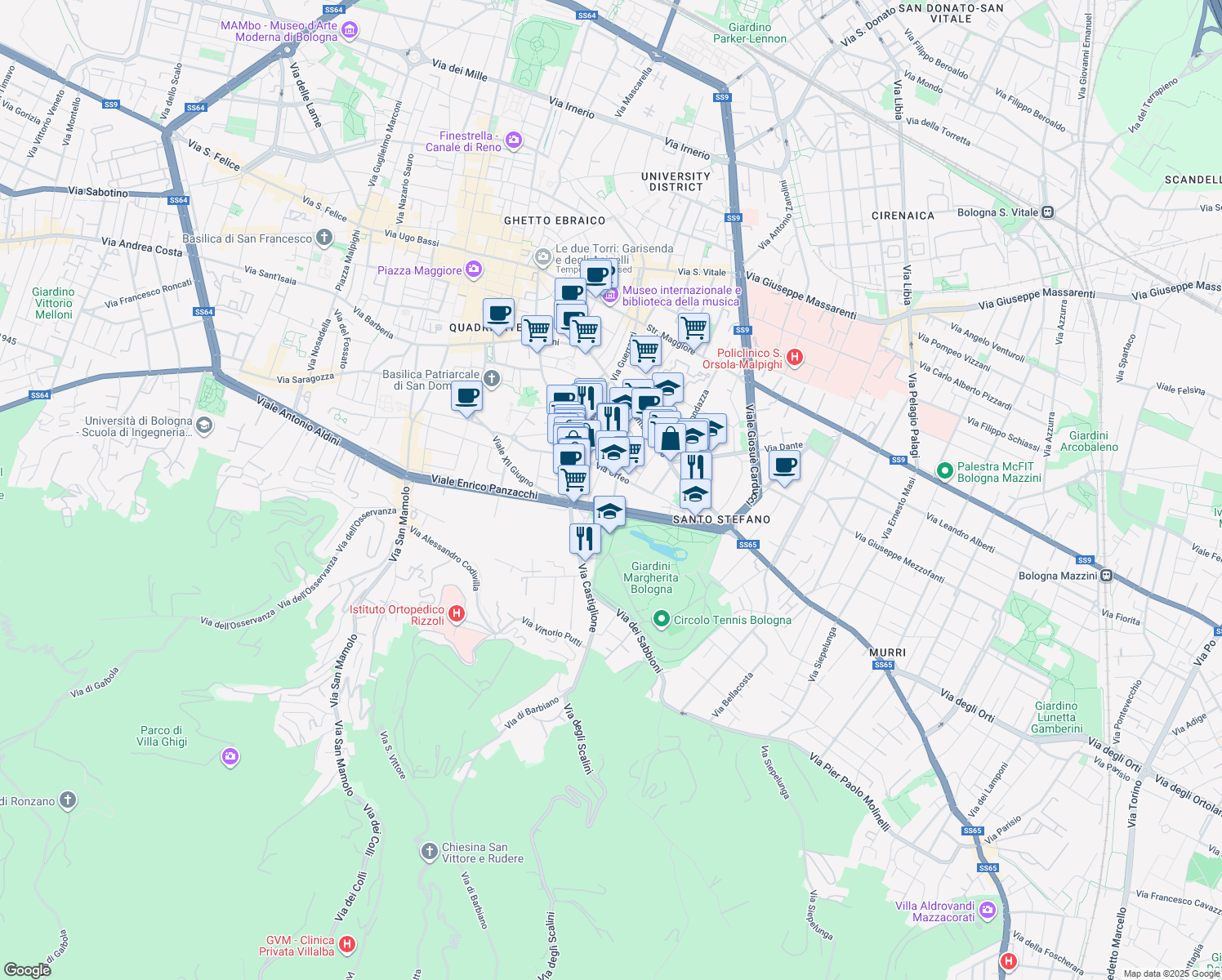 map of restaurants, bars, coffee shops, grocery stores, and more near 12 Via Giovanni Pascoli in Bologna