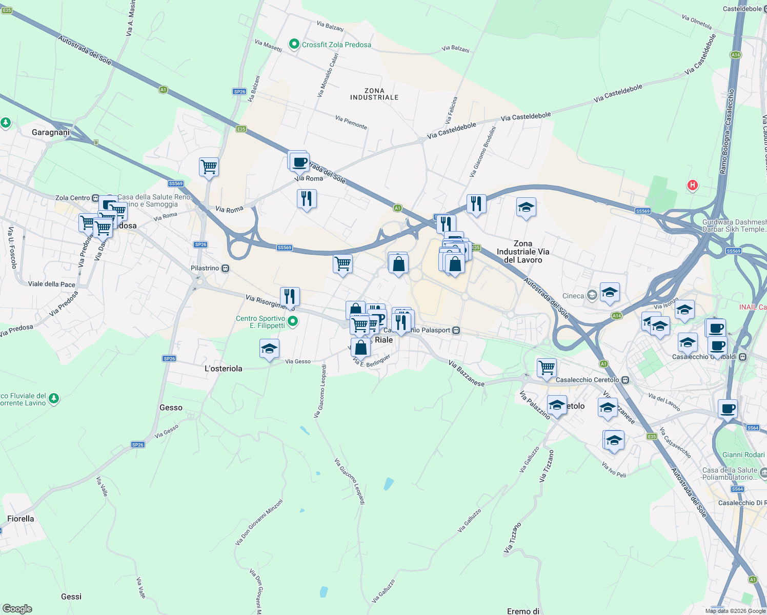 map of restaurants, bars, coffee shops, grocery stores, and more near 13 Piazza Aldo Moro in Zola Predosa
