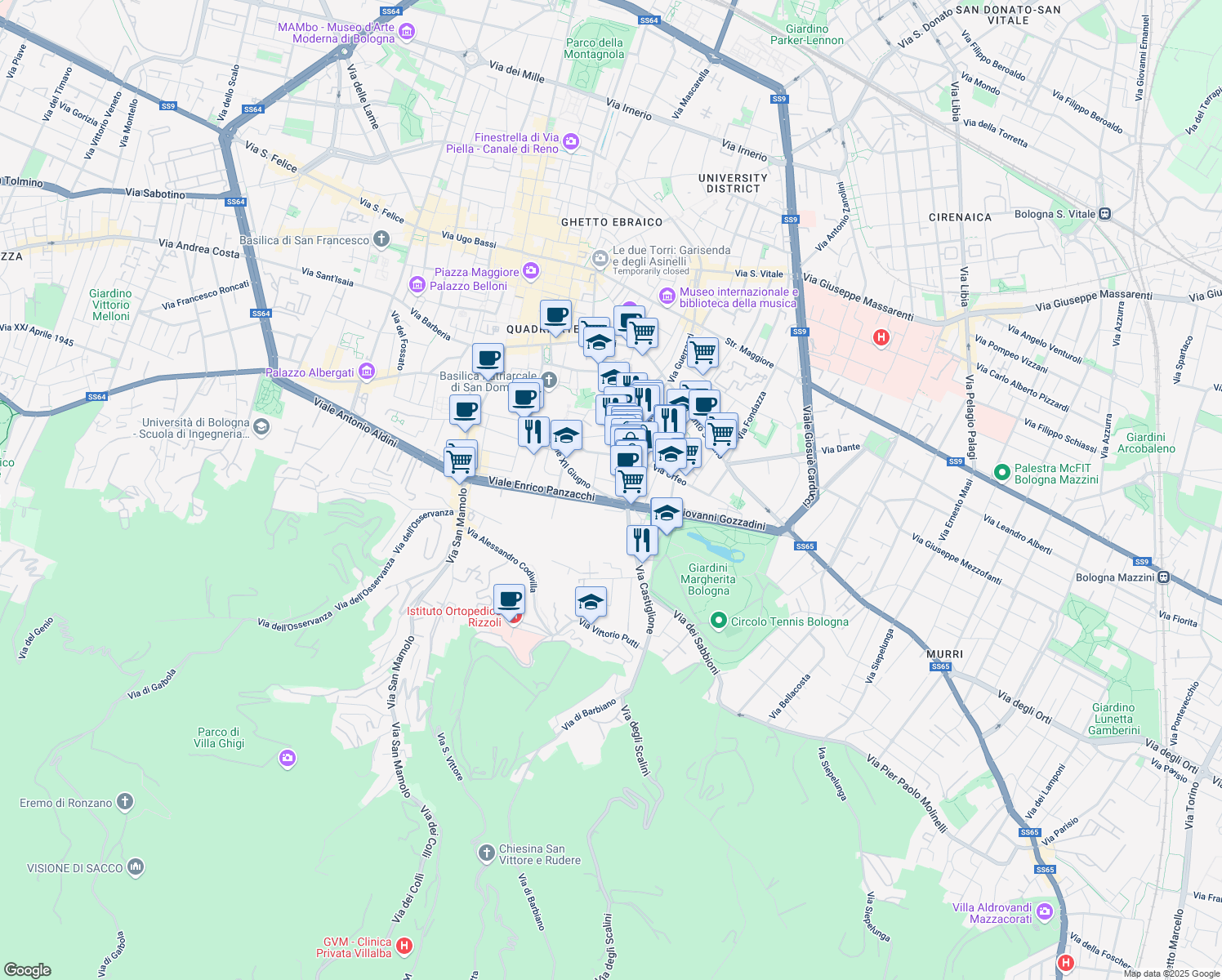 map of restaurants, bars, coffee shops, grocery stores, and more near 1 Viale Enrico Panzacchi in Bologna