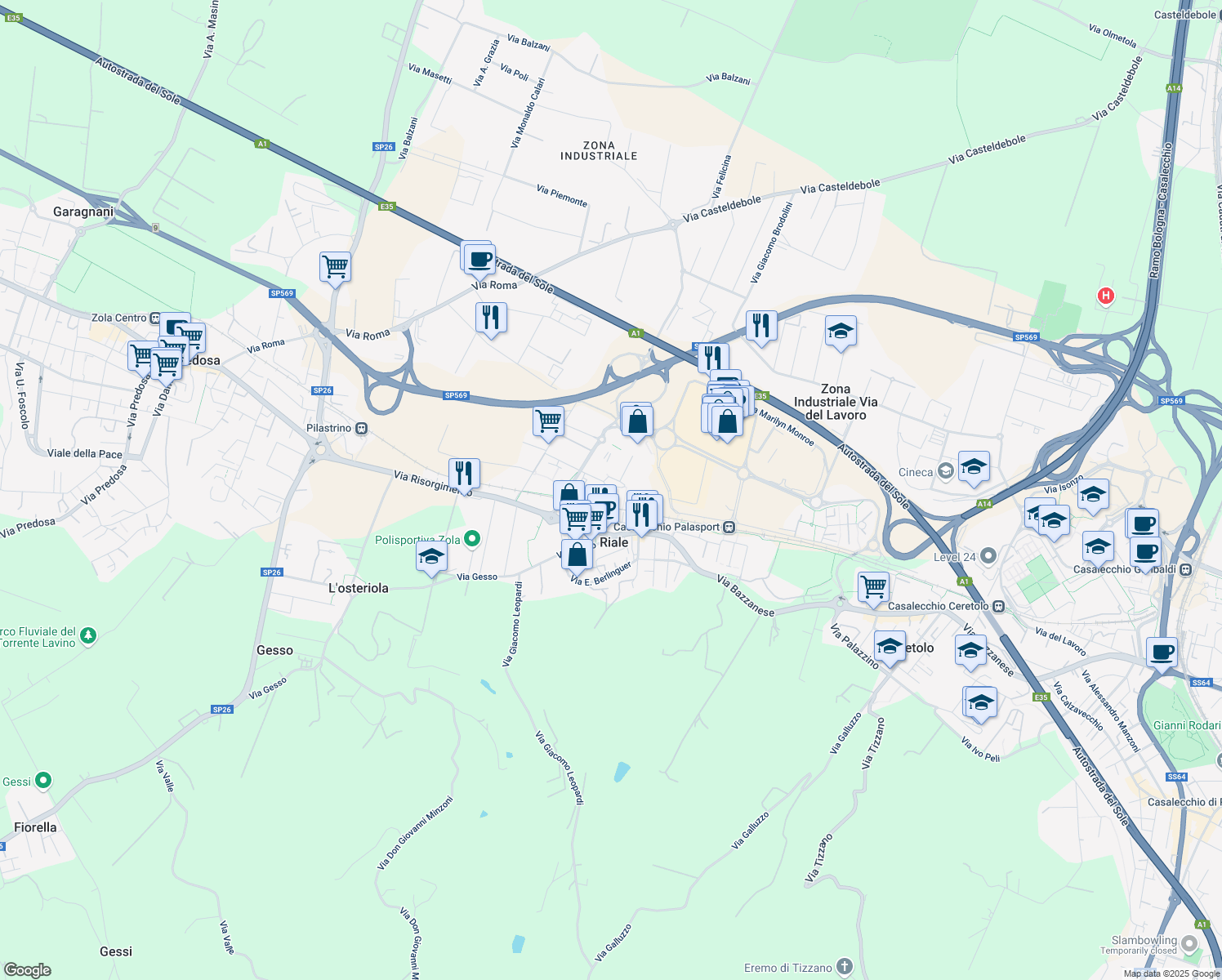 map of restaurants, bars, coffee shops, grocery stores, and more near 13 Piazza Aldo Moro in Zola Predosa