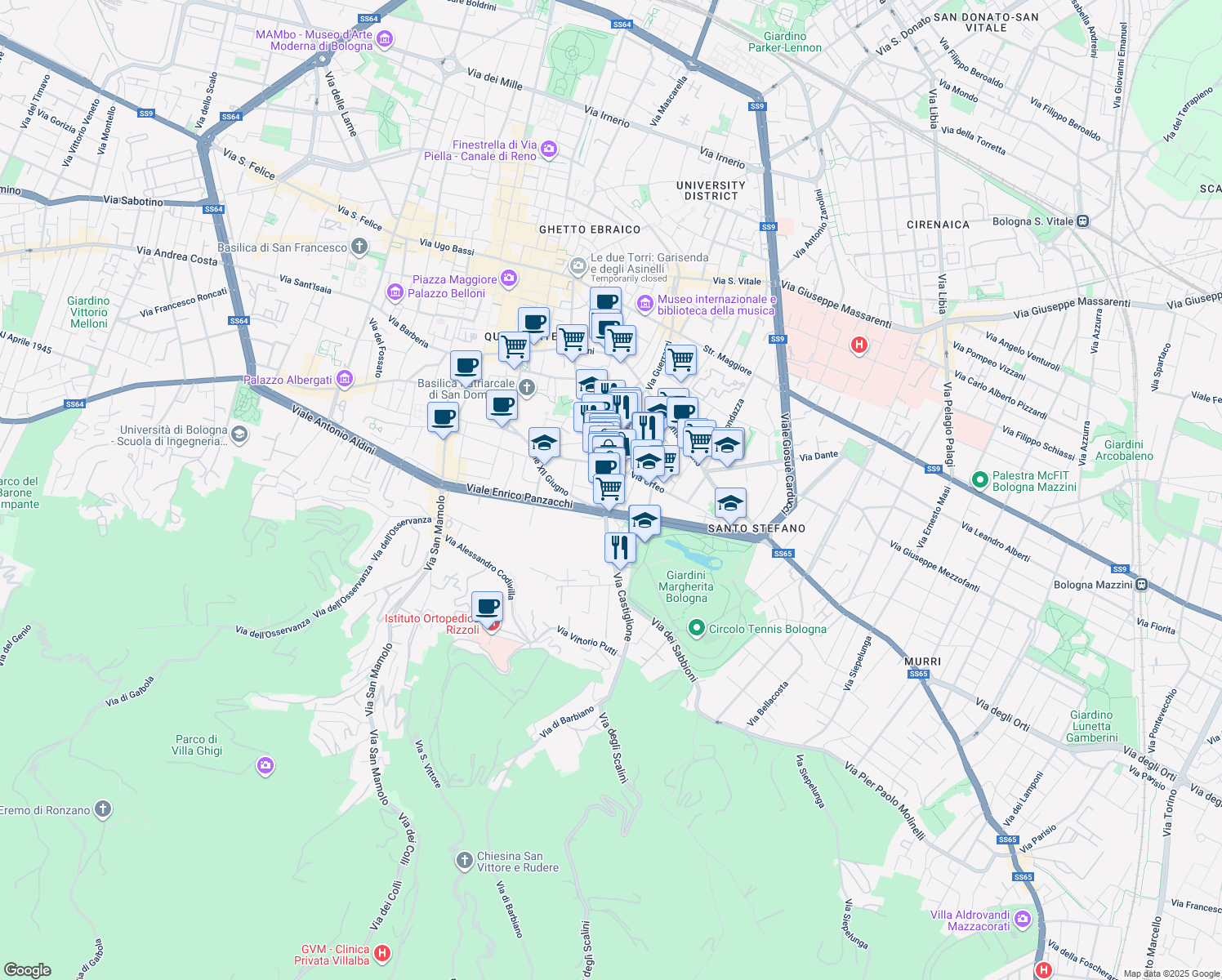 map of restaurants, bars, coffee shops, grocery stores, and more near 18 Via degli Angeli in Bologna