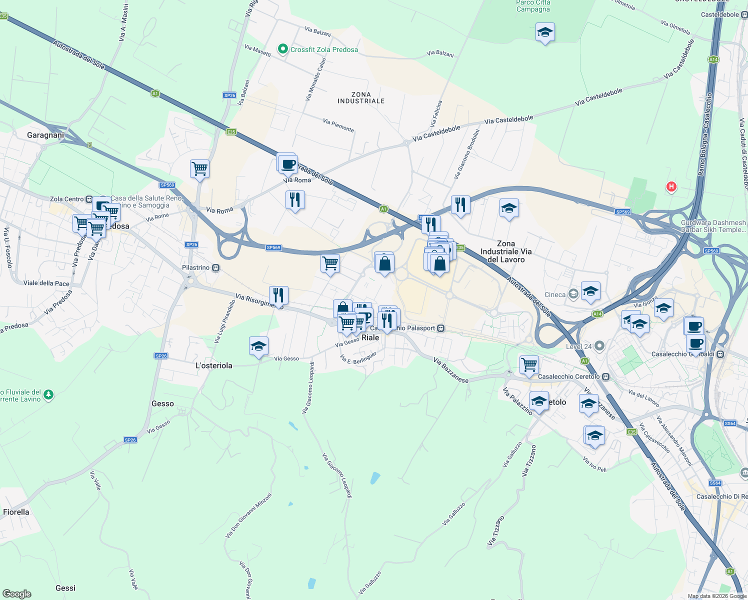 map of restaurants, bars, coffee shops, grocery stores, and more near 3 Vicolo degli Artigliani in Zola Predosa