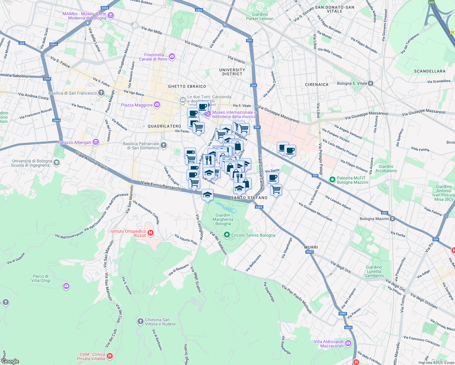 map of restaurants, bars, coffee shops, grocery stores, and more near 1-9 Via Dante Alighieri in Bologna
