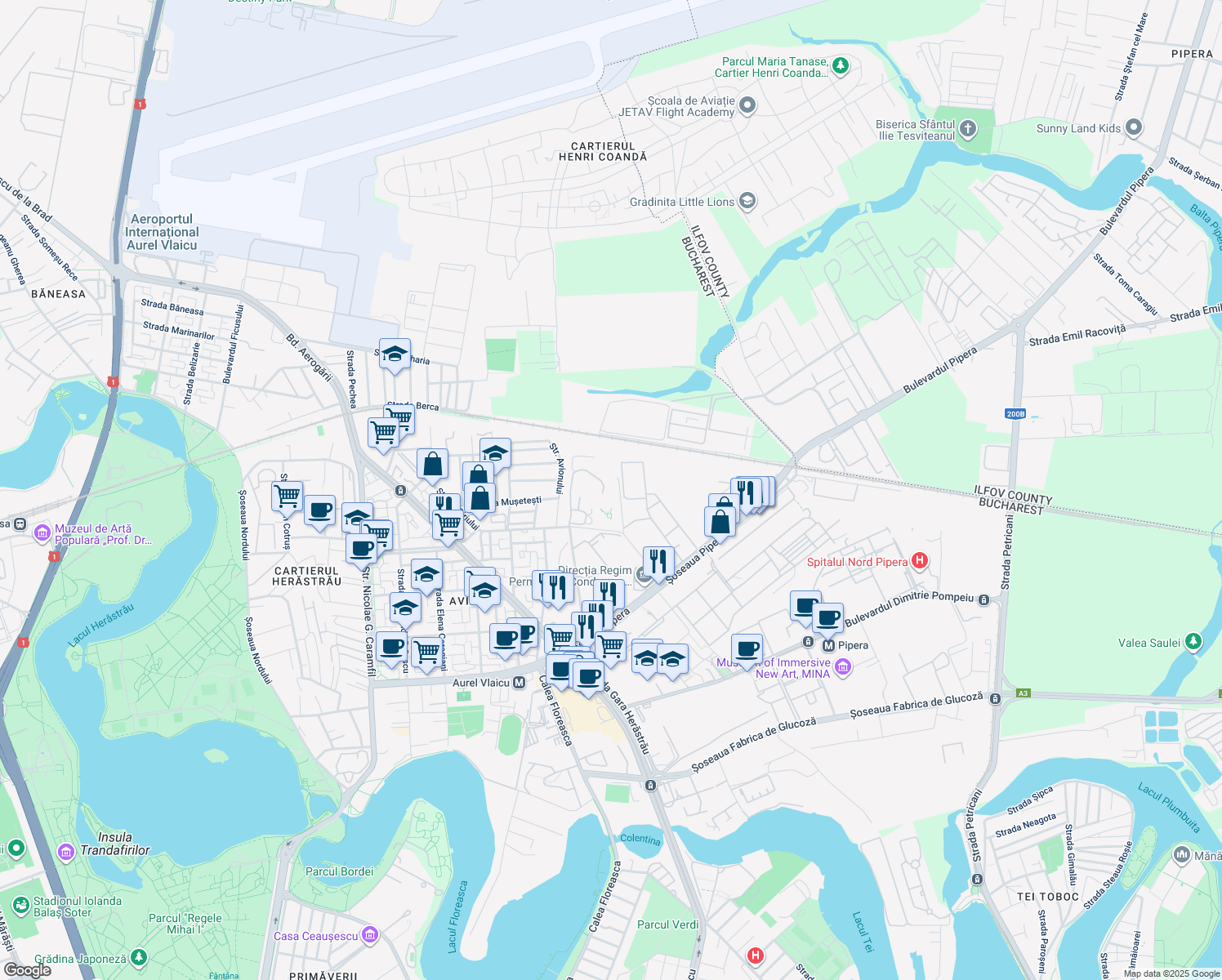 map of restaurants, bars, coffee shops, grocery stores, and more near 60 Strada Avionului in București