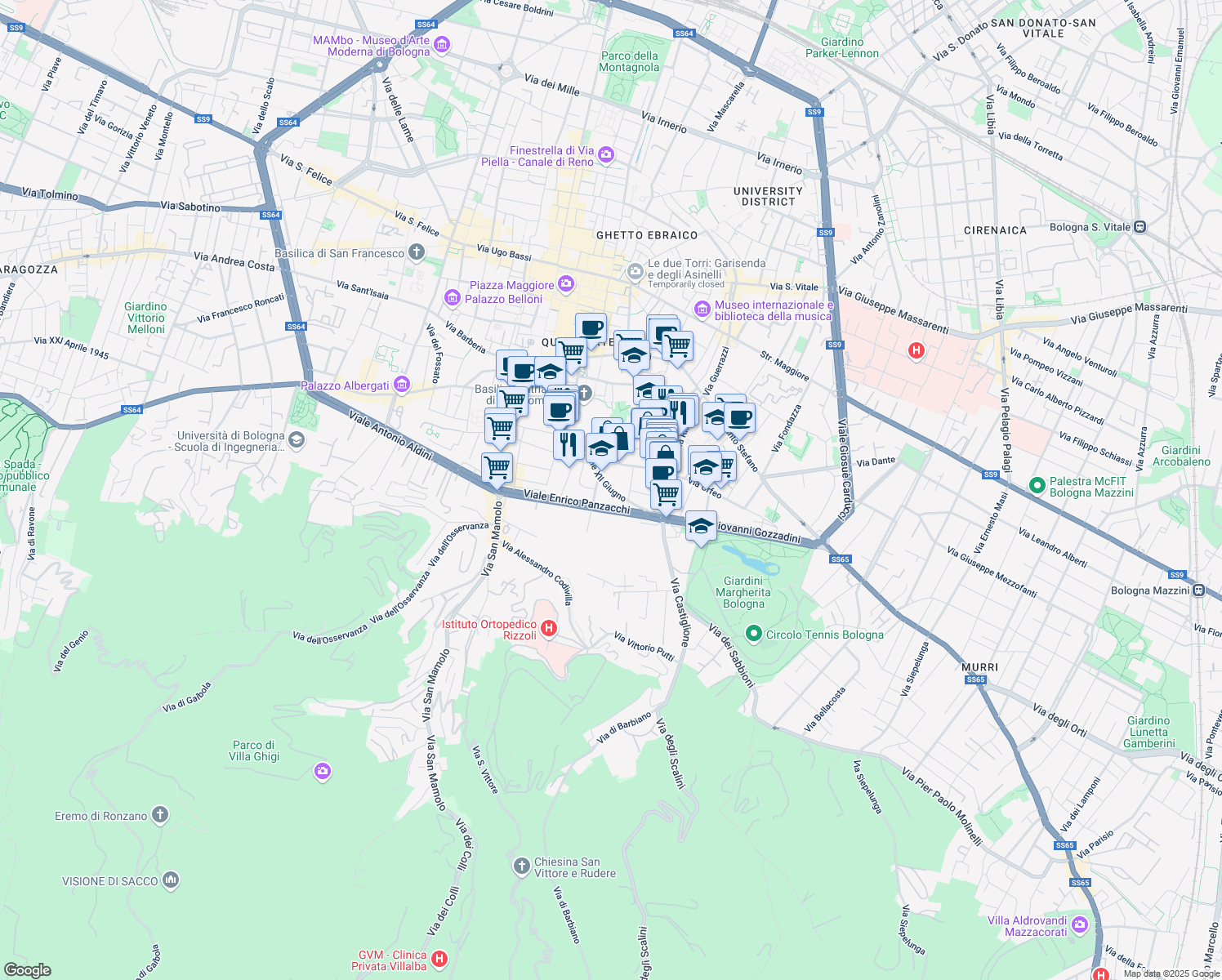 map of restaurants, bars, coffee shops, grocery stores, and more near 3 Via Chiudare in Bologna
