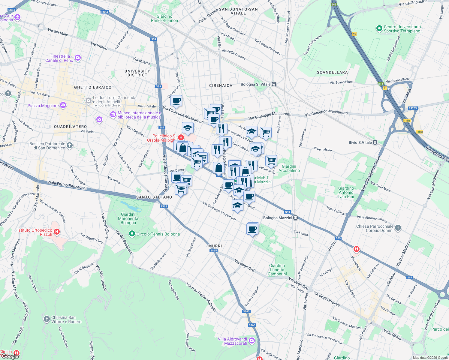 map of restaurants, bars, coffee shops, grocery stores, and more near 83 Via Mazzini in Bologna